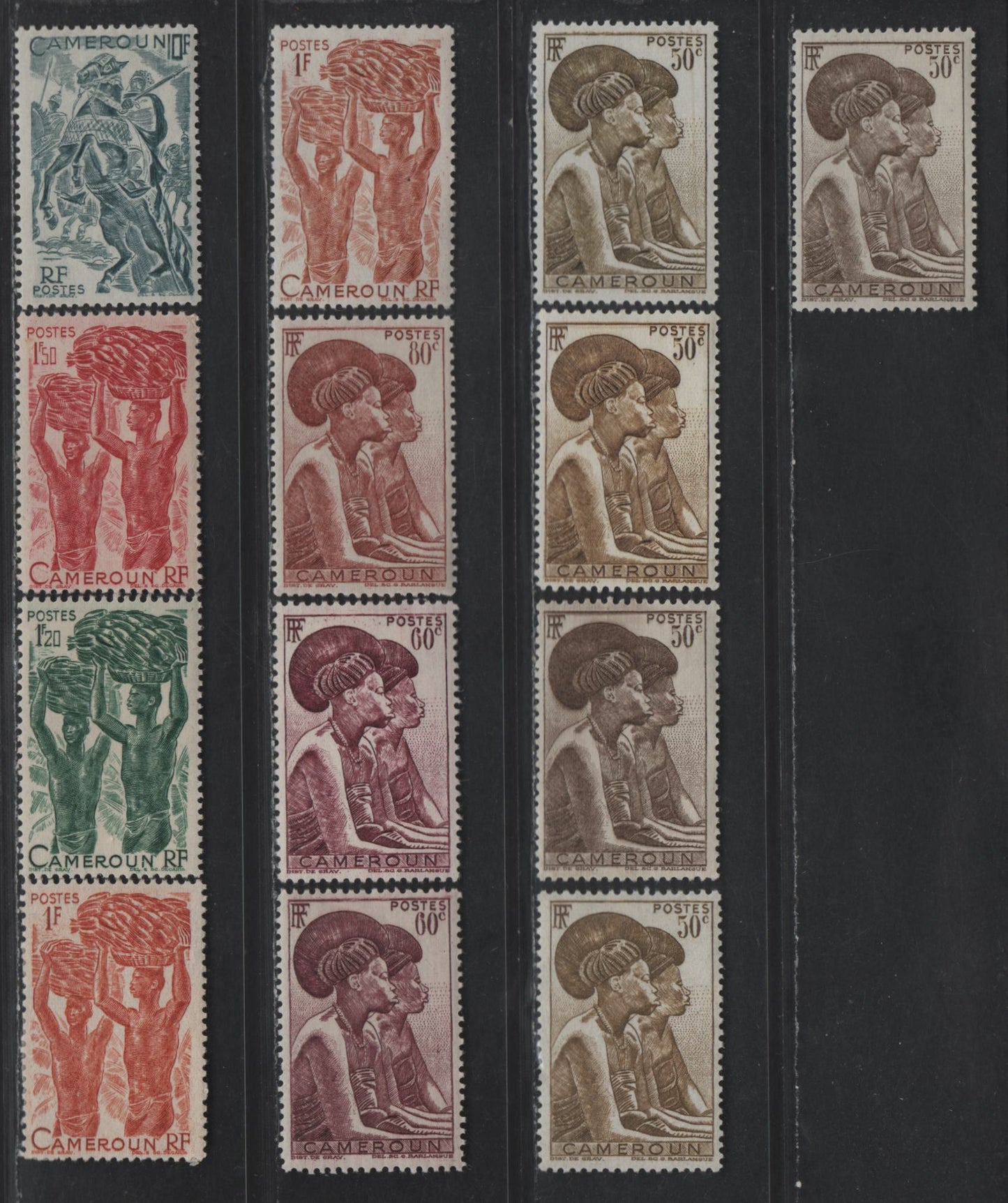 Lot 41 Cameroun SC#304/318 10c - 10f Blue Green - Slate Green Zebu & Herder - Lamido Horseman, 1946 Pictorial Issue, 31 VFOG Singles, Shade Variations of Several Values, Paper & Gum Variations, All Unlisted In Scott