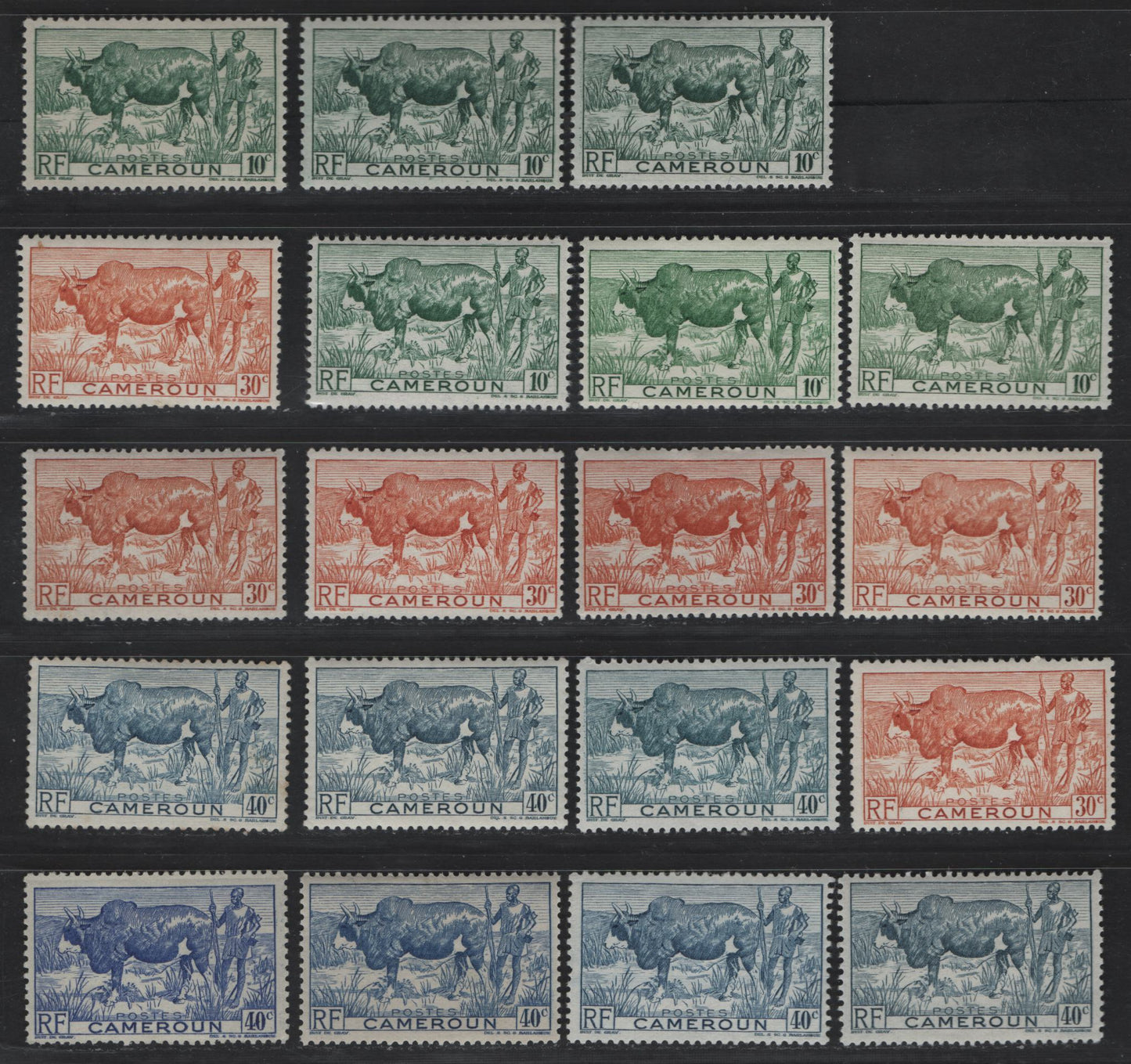 Lot 41 Cameroun SC#304/318 10c - 10f Blue Green - Slate Green Zebu & Herder - Lamido Horseman, 1946 Pictorial Issue, 31 VFOG Singles, Shade Variations of Several Values, Paper & Gum Variations, All Unlisted In Scott