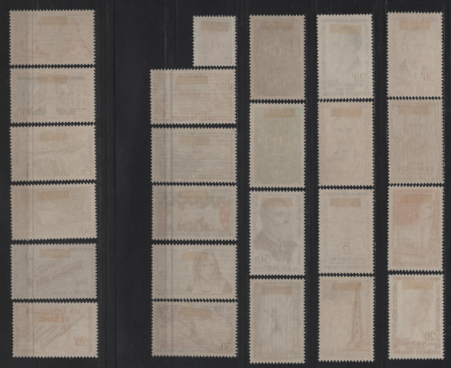 Lot 274 France SC#914-937 20fr - 50fr Red, Black & Blue - Green, Brown & Ultramarine Miners Tools & School - New NATO headquarters, 1959 National Mining School - NATO Issues, 24 VFOG Singles, LF, Fluorescent, MF & HB Papers