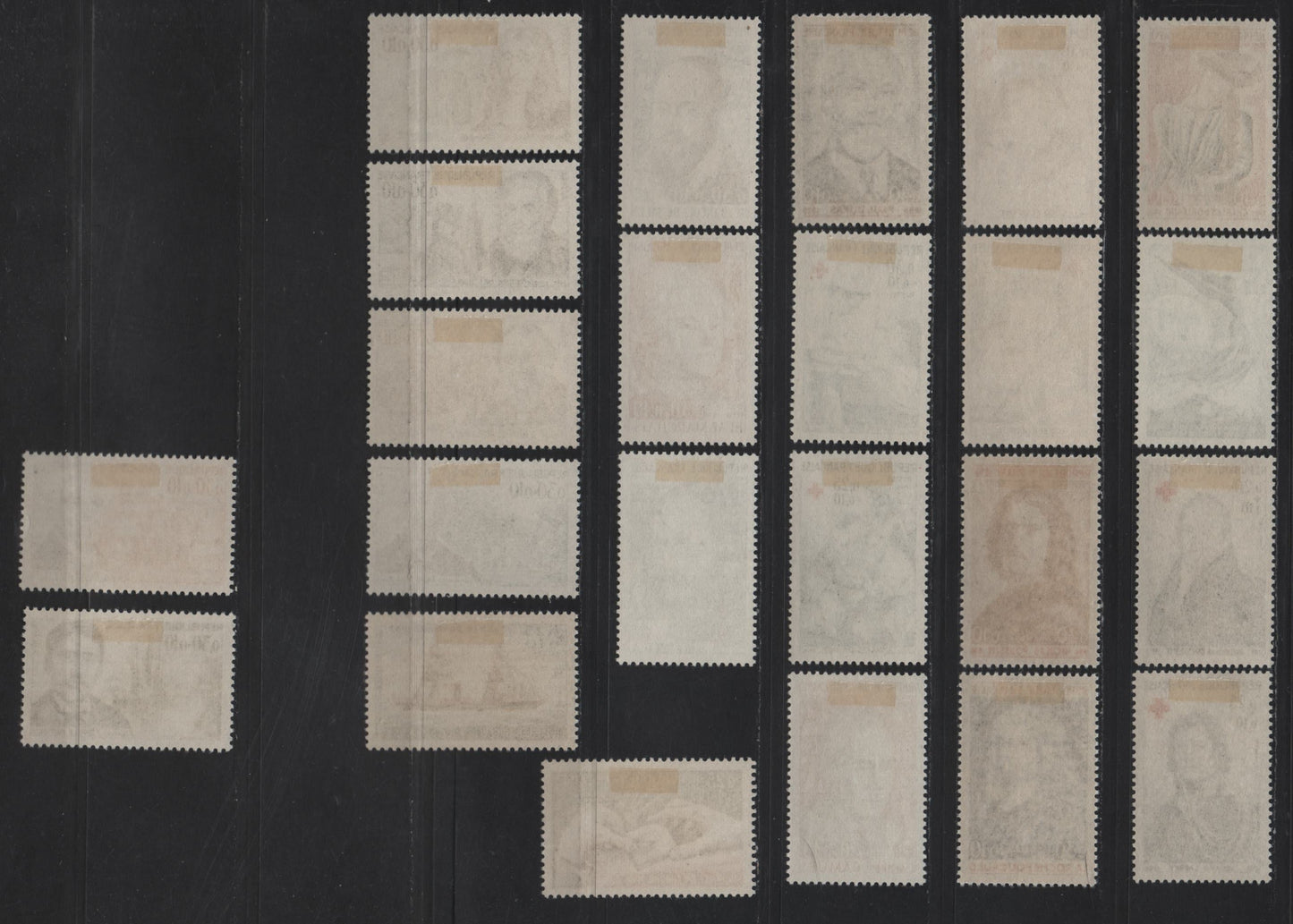 Lot 293 France SC#B385-B407 20c+10c - 30c+10c Black - Brown & Dull Claret Cross - Emile Zola, 1964-1967 Semi Postals, 23 VFOG Singles, DF, LF, MF, HF & HB Papers