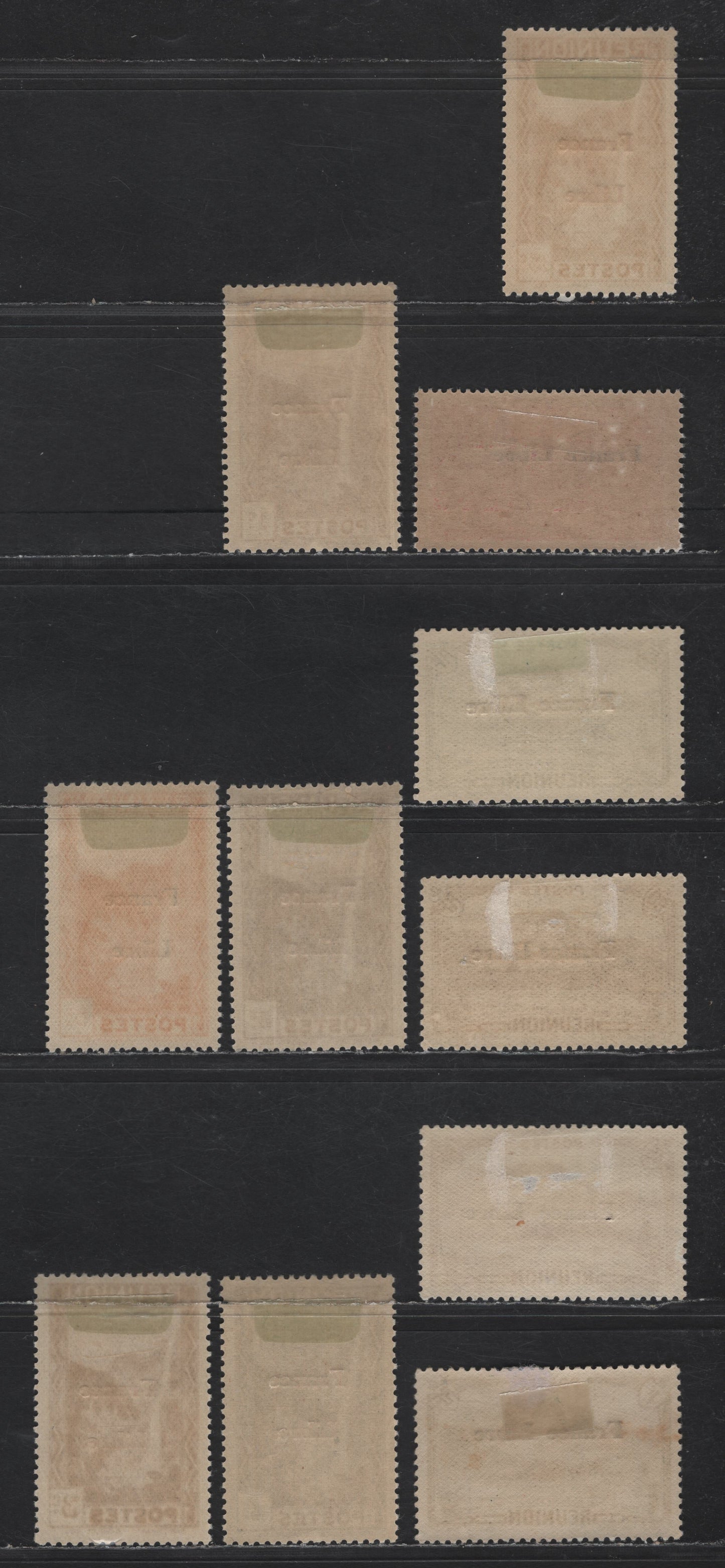 Lot 86 Reunion SC#181-182, 184-185, 187, 179, 194-195, 203-204 75c - 1fr Red Lilac & Rose - Green Cascade of Salazie - Leon Dierx Museum, 1943 France Libre Overprinted Issue, 11 VFOG Singles