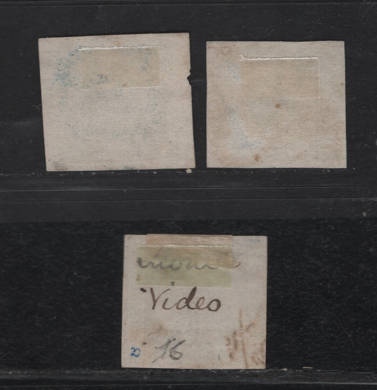 Lot 166 Uruguay SC#10 120c Dark Blue, Blue & Light Blue Sun Emblem, 1859 El Sol de Mayo Issue, 3 Ungraded Used Imperf Singles, Thin Numerals, Two With Shallow Thins, Checked & Verified Genuine