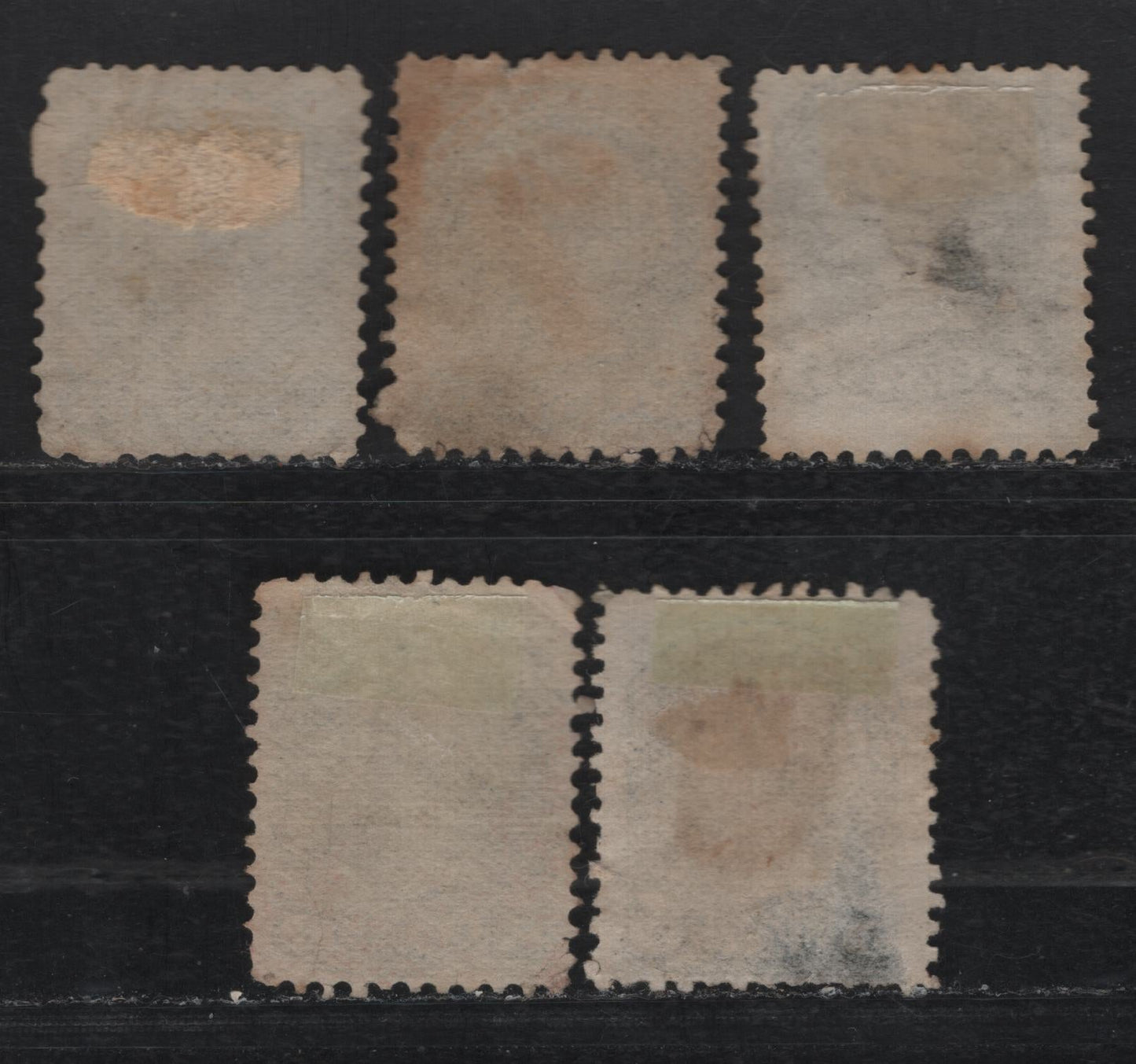 Lot 296 Canada SC#38a 5c Slate Green, Deep Olive Green & Deep Slate Green Queen Victoria, 1870-1893 Small Queen Issue, 5 Ungraded Used Singles, Reference Examples Of Mid Montreal Printings, MM-A, MM-B & MM-I Papers, Perf 11.75x12, All With Faults