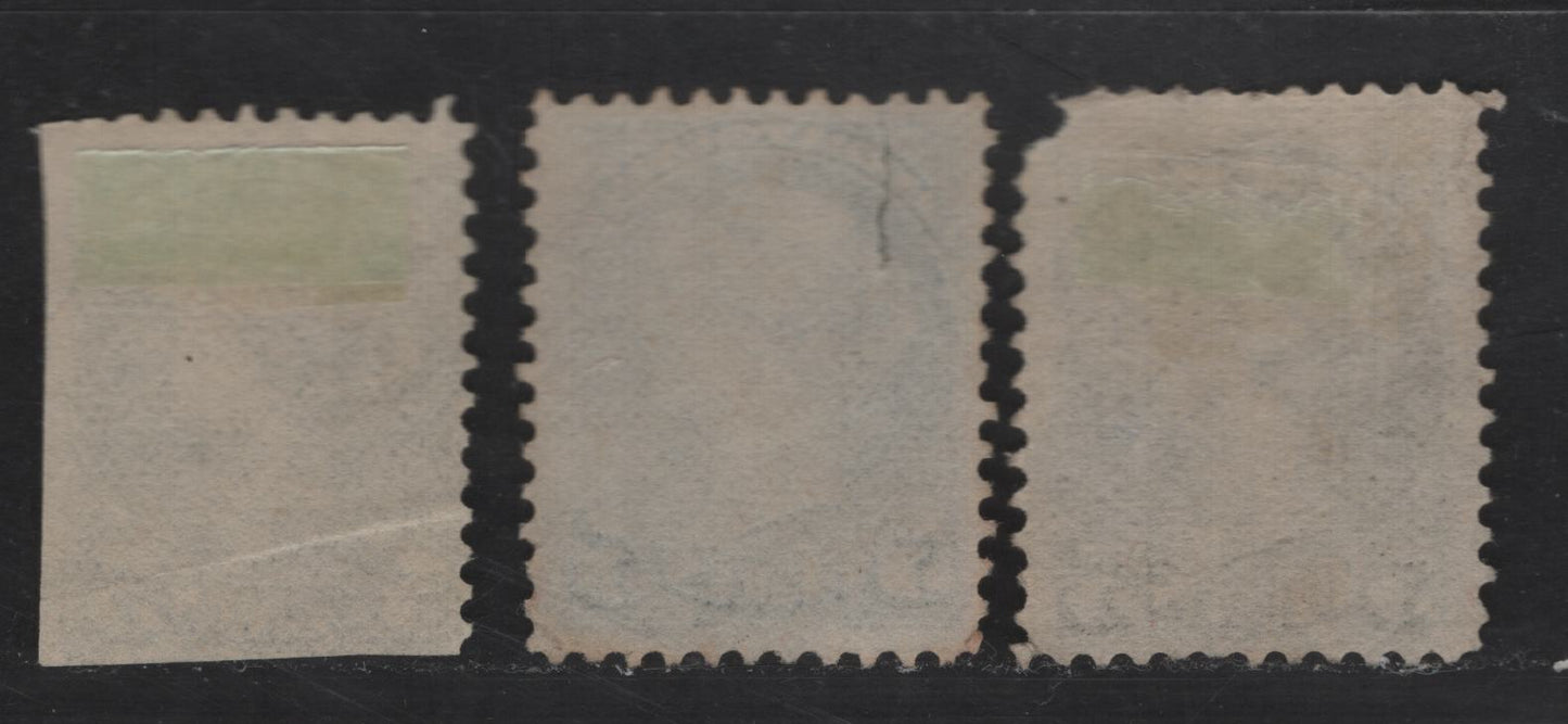 Lot 299 Canada SC#38-i 5c Slate Green, Seep Olive Green & Greenish Gray Queen Victoria, 1870-1893 Small Queen Issue, 3 Ungraded Used Singles, Late Montreal Printings, LM-G. LM-D & LM-M Papers, Perf 12, No Plate & Medallion Dots