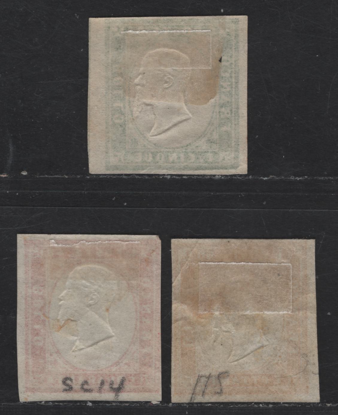 Lot 159 Italy - Sardinia SC#10, 13, 14 5c, 40c & 80c Green, Red & Orange Yellow Victor Emmanuel II, 1855-1863 Embossed Victor Emanuel II Heads Issue, 3 Very Good/Fine Unused Imperf Singles, Small Creases Or Other Small Faults