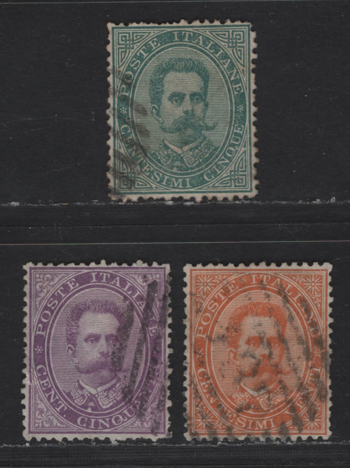 Lot 171 Italy SC#45, 47, 50 5c, 20c & 50c Blue Green, Orange & Violet Humbert I, 1879 Humbert I Issue, 3 Fine/Very Fine Used Singles Well Centered, Small Tear In Margin of 50c