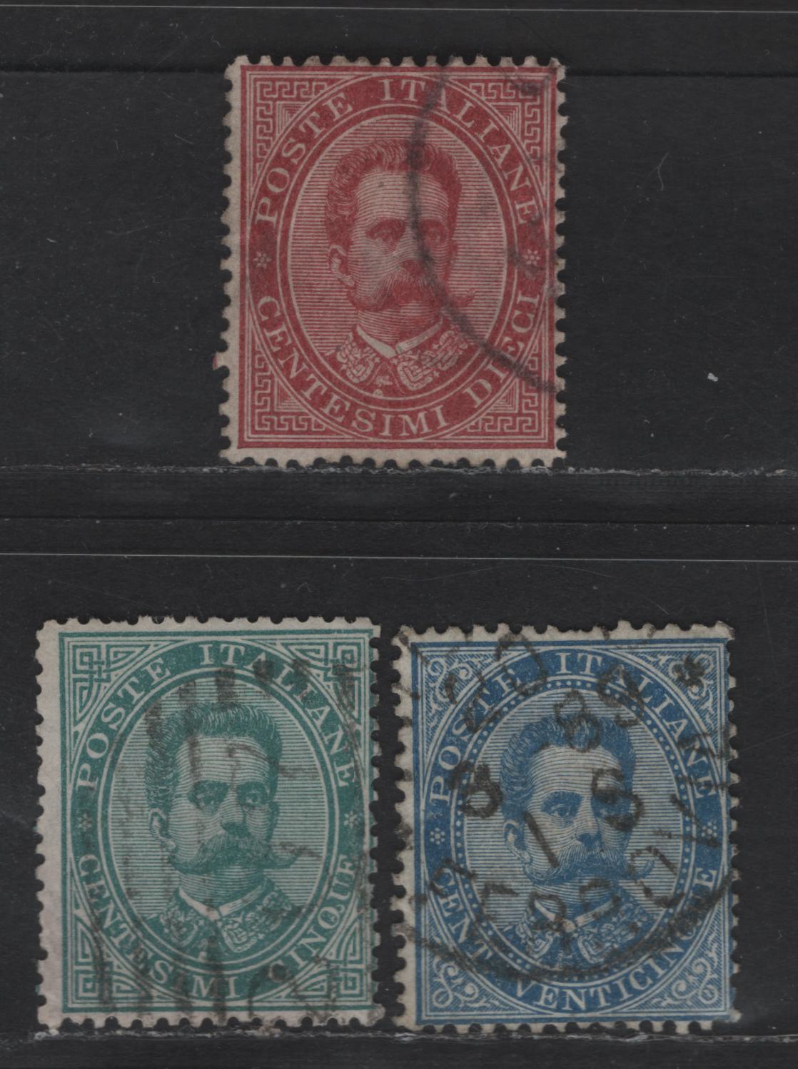 Lot 172 Italy SC#45-46, 48 5c, 10c & 25c Blue Green, Claret & Blue Humbert I, 1879 Humbert I Issue, 3 Fine Used Singles