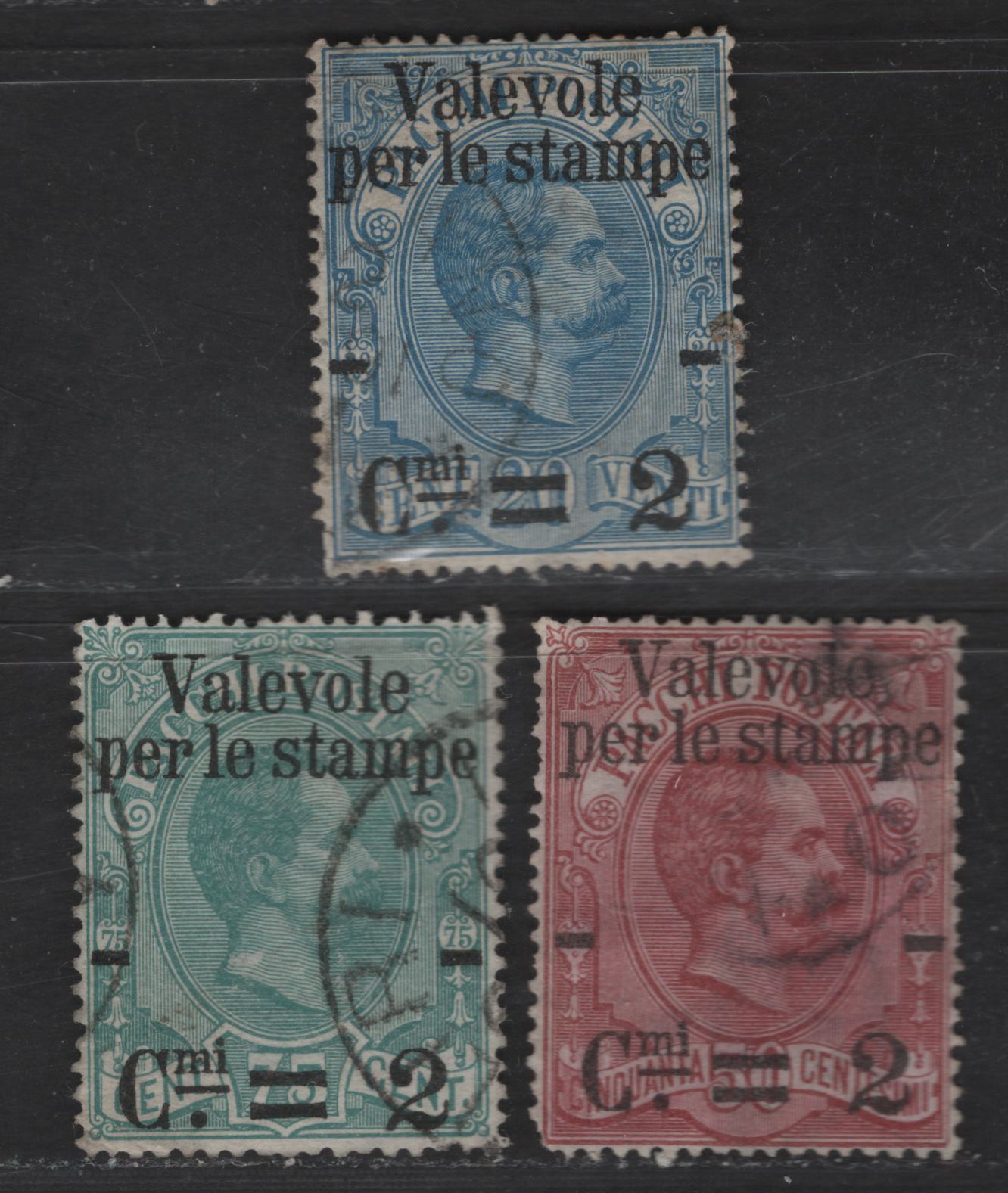 Lot 177 Italy SC#59-61 2c on 20c - 75c Blue - Blue Green Humbert I, 1890 Surcharged Parcel Post Issue, 3 Fine Used Singles