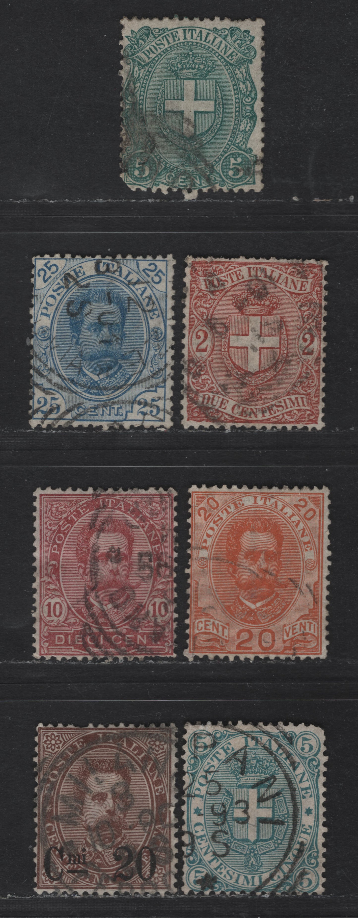 Lot 181 Italy SC#65, 67-70, 74-75 20c on 30c - 5c Brown - Green Humbert I & Arms, 1891-1896 Humbert I & Arms Issue, 7 Fine Used Singles