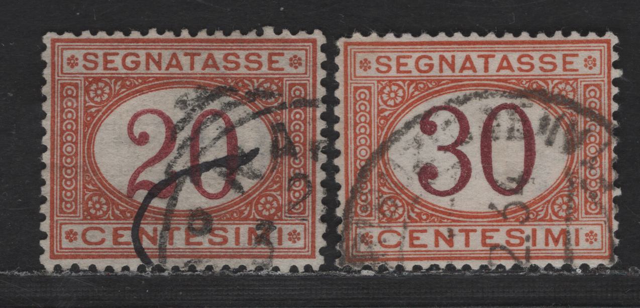 Lot 187 Italy SC#J7-J8 20c Dull Orange & Maroon Numeral, 1870-1925 Postage Dues, 2 Very Fine Used Singles