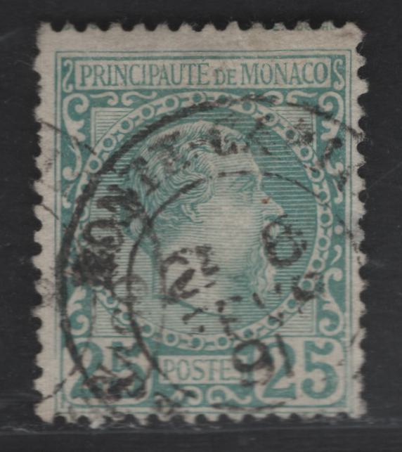 Lot 202 Monaco SC#6 25c Green Prince Charles III, 1885 Prince Charles III Issue, A Fine Used Single, Two Short Perfs