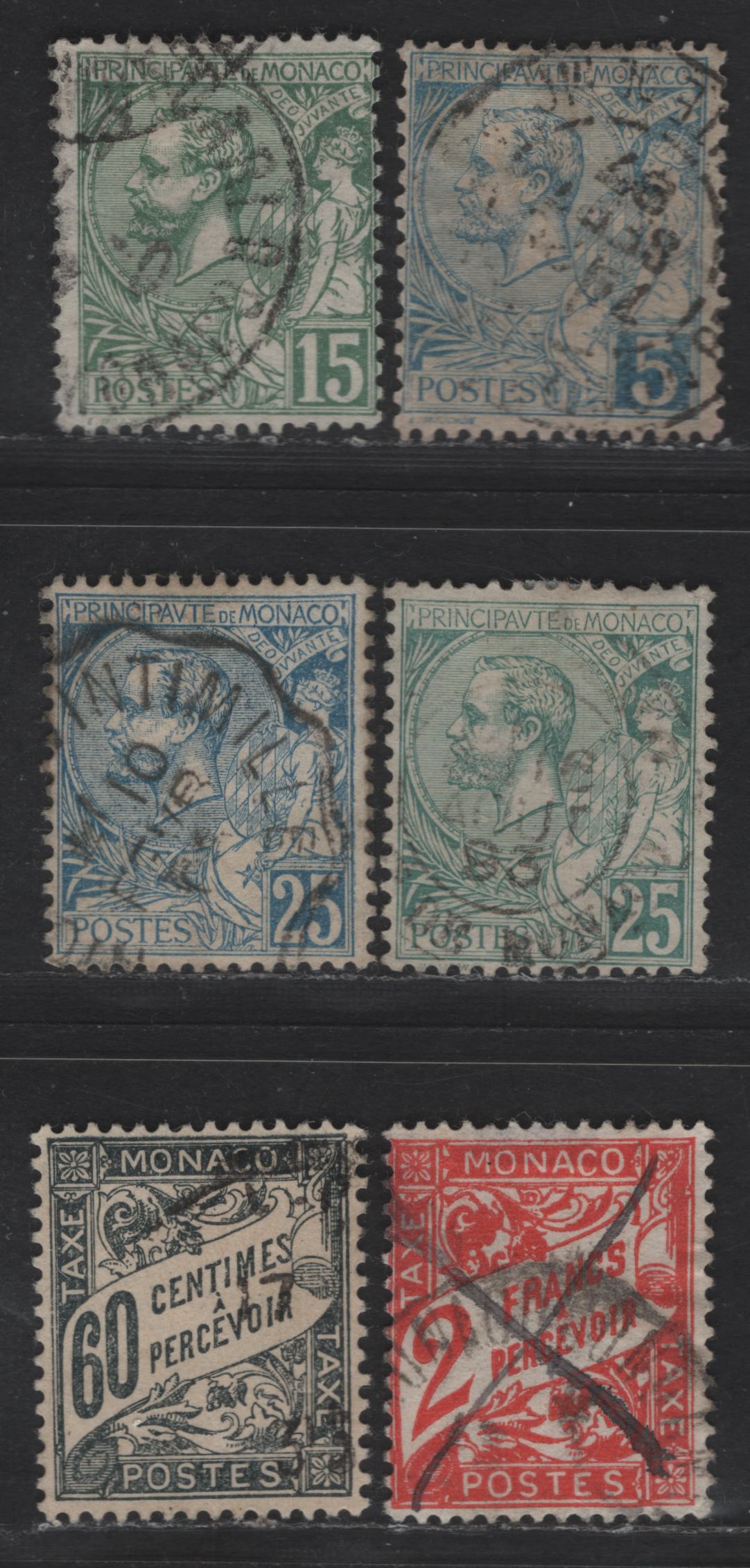Lot 207 Monaco SC#13, 19-21, J14, J11 5c - 2fr Blue - Vermillion Prince Albert I, 1891-1921 Prince Albert I Sideface & Postage Due Issues, 6 Fine/Very Fine Used Singles