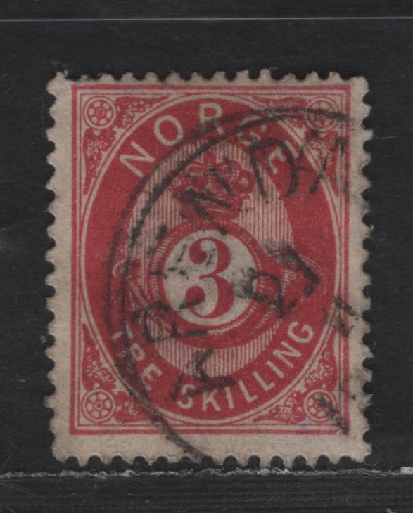 Lot 212 Norway SC#18a 3s Carmine Posthorn, 1872-1875 Skilling Posthorn Issue, A Fine Used Single