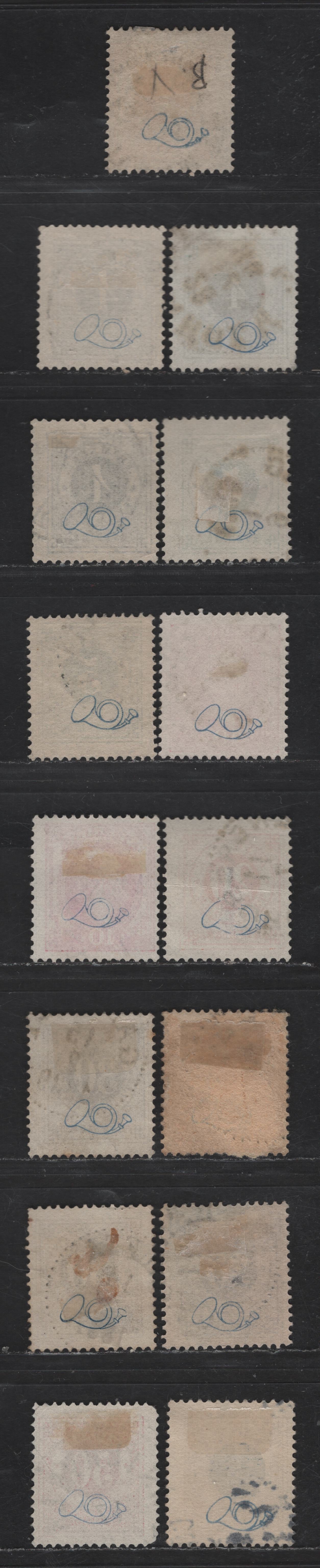 Lot 242 Sweden SC#40, 42-43, 45-a, 46-49 2o - 1k Orange - Bister & Dark Blue Numeral, 1886-1891 Numeral Issue With Posthorn On Back, 15 Fine Used Singles, Includes Several Shades
