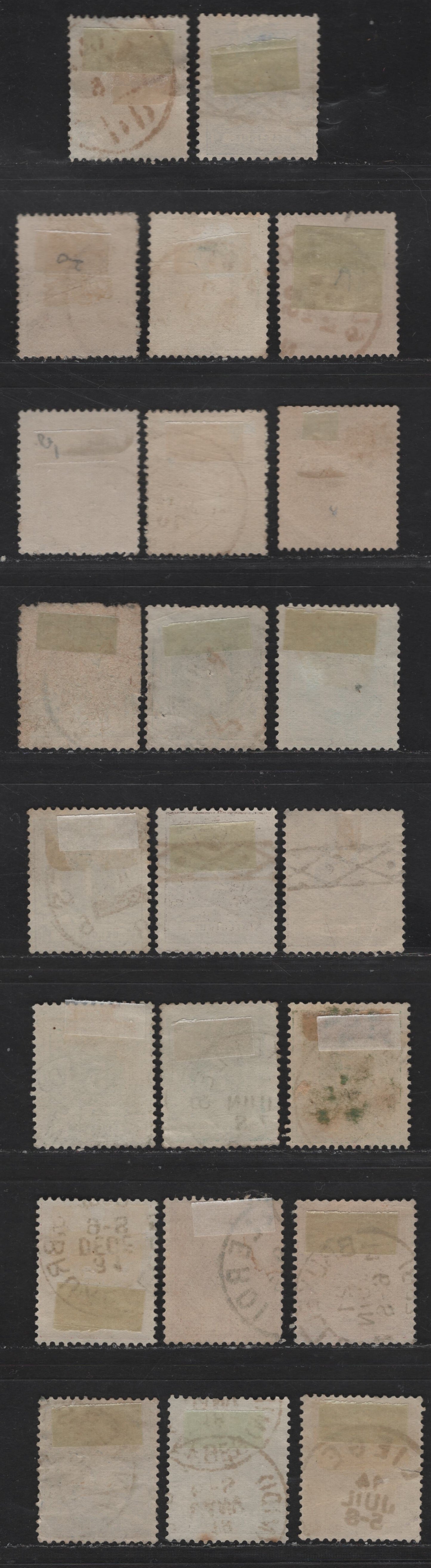 Lot 25 Belgium SC#28-29, 32, 40, 43, 50, 55, 51, 52, 53a, 56, 58 1c - 50c Green - Bistre on Yellowish Leopold II, 1869-1885 Leopold II Sideface Issue, 23 Fine Used Singles, Shade Variations
