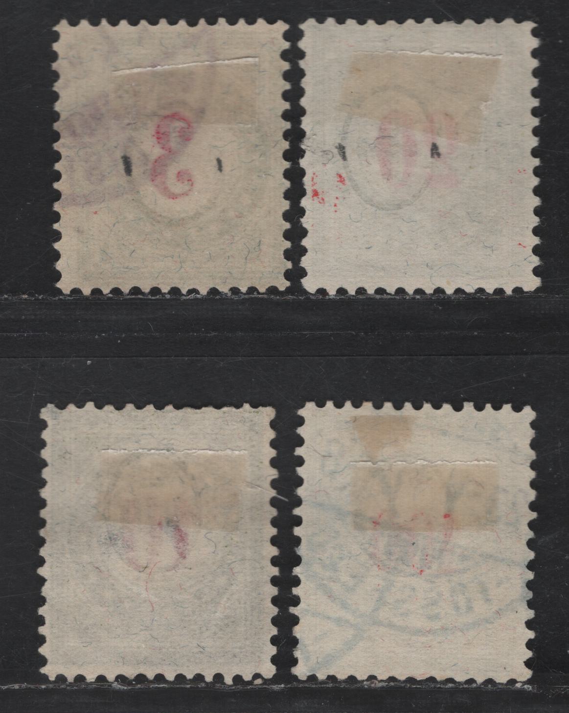 Lot 289 Switzerland SC#J22f, J25h, J24h, J27k 3c - 100c Olive Green & Red - Olive & Bright Red Numerals, 1884-1897 Postage Dues, 4 Fine Used Singles, Type 2, Inverted & Normal Frames, Red Numerals