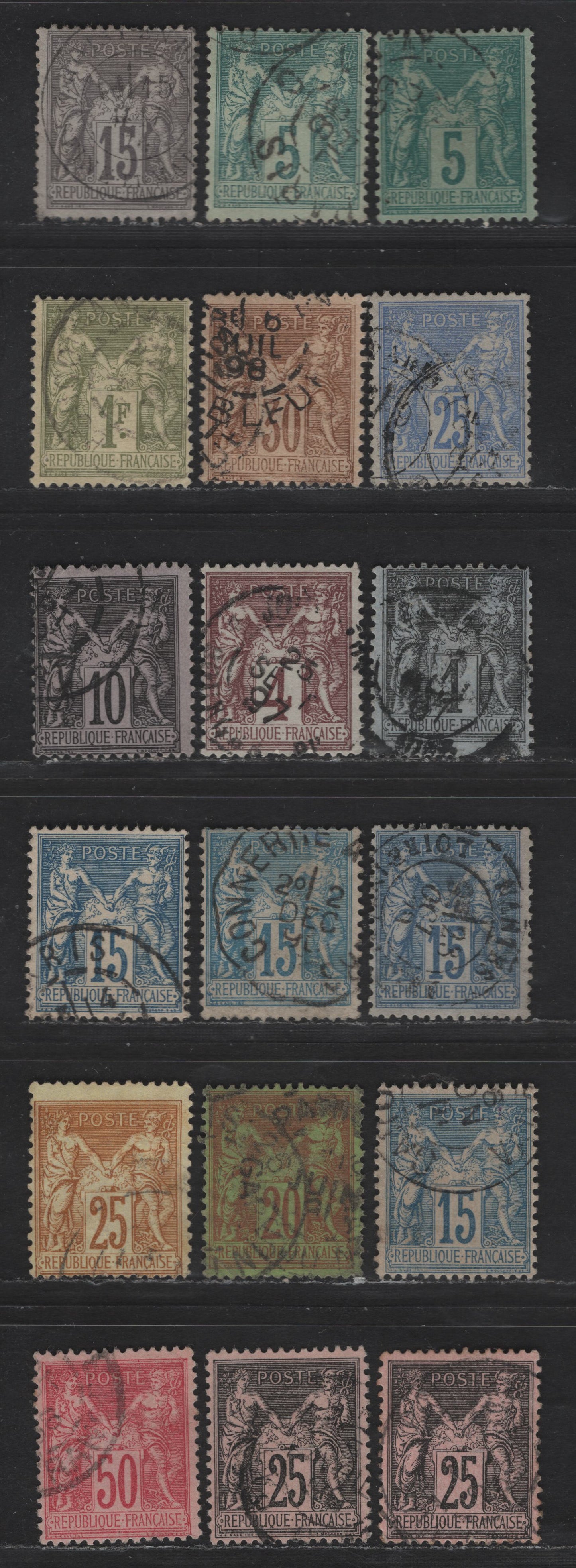 France SC#78, 80-82, 84, 86, 90a, 91, 92, 103, 98-101 5c - 50c Green on Greenish - Carmine on Rose Peace & Commerce, 1876-1900 Peace & Commerce Issue, 18 Fine Used Singles, Type 2, Shade Variations