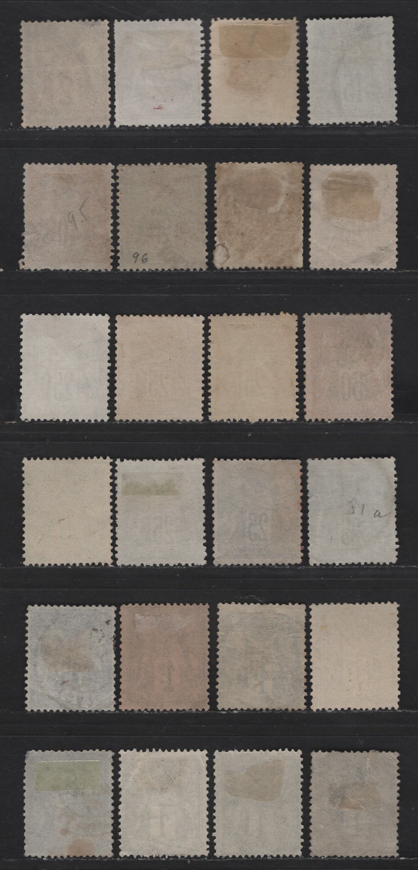 Lot 72 France SC#81-a, 84, 84b, 86-a, 88-a, 92b, 97, 95b, 98-99, 101, 104 25c - 5c Ultramarine on Blue - Yellow Green Peace & Commerce, 1877-1900 Peace & Commerce Issue, 24 Fine Used Singles, Type 2, Many Unlisted Shade Varieties