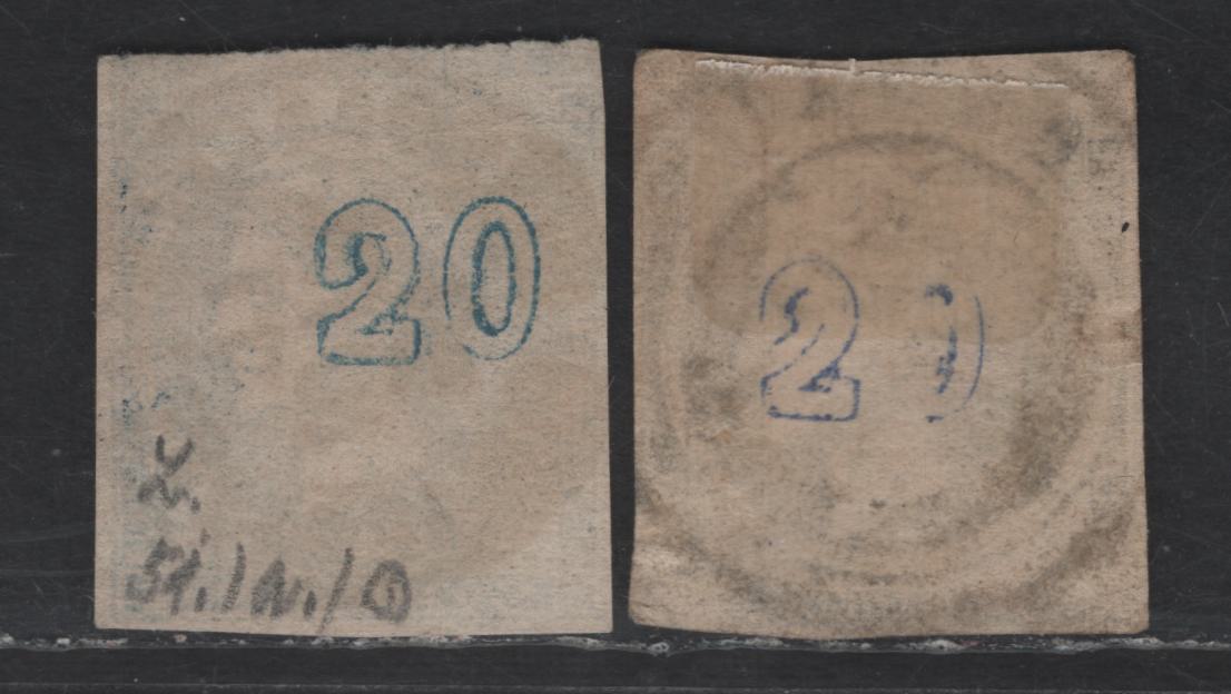 Lot 98 Greece SC#47-a 20l Ultramarine & Blue Hermes Head, 1870-1872 Large Hermes Heads Issue, 2 Ungraded Singles, Cream Paper, Reference Examples With Small To No Margins Or Faults, Like Creases