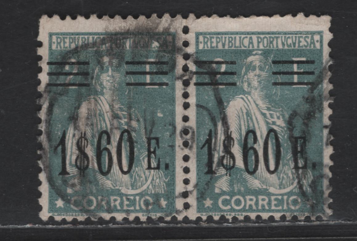 Lot 190 Portugal SC#487A 1.60e on 2c Slate Green Ceres, 1928-1929 Surcharged Issue, A Very Good Used Pair, Glazed Paper, Small Internal Wrinkle