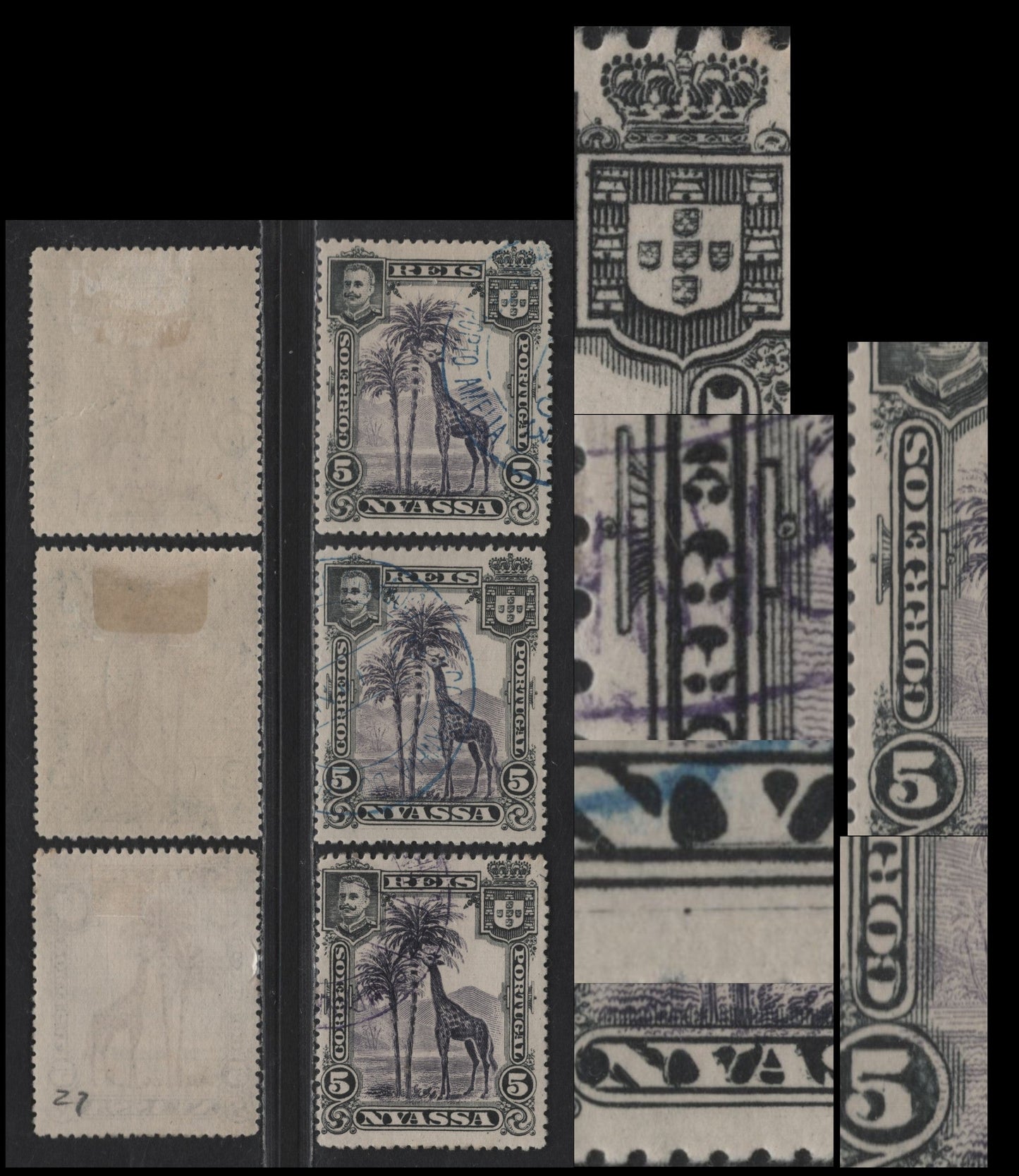 Lot 190 Nyassa SC#27var 5r Black & Violet Giraffe, 1901 Pictorial Issue, 3 Very Fine Used Singles, Minor To major Re-Entries Showing Doubling In The Areas Indicated