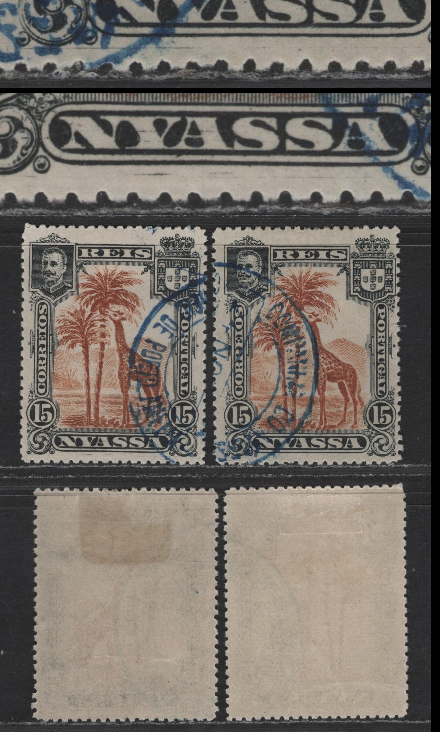 Lot 201 Nyassa SC#29var 15r Black & Orange Brown Giraffe, 1901 Pictorial Issue, 2 Very Fine Used Singles, Perf 14, Showing Misplaced Entries In Nyassa & Horizontal Scratch In Lower Margin