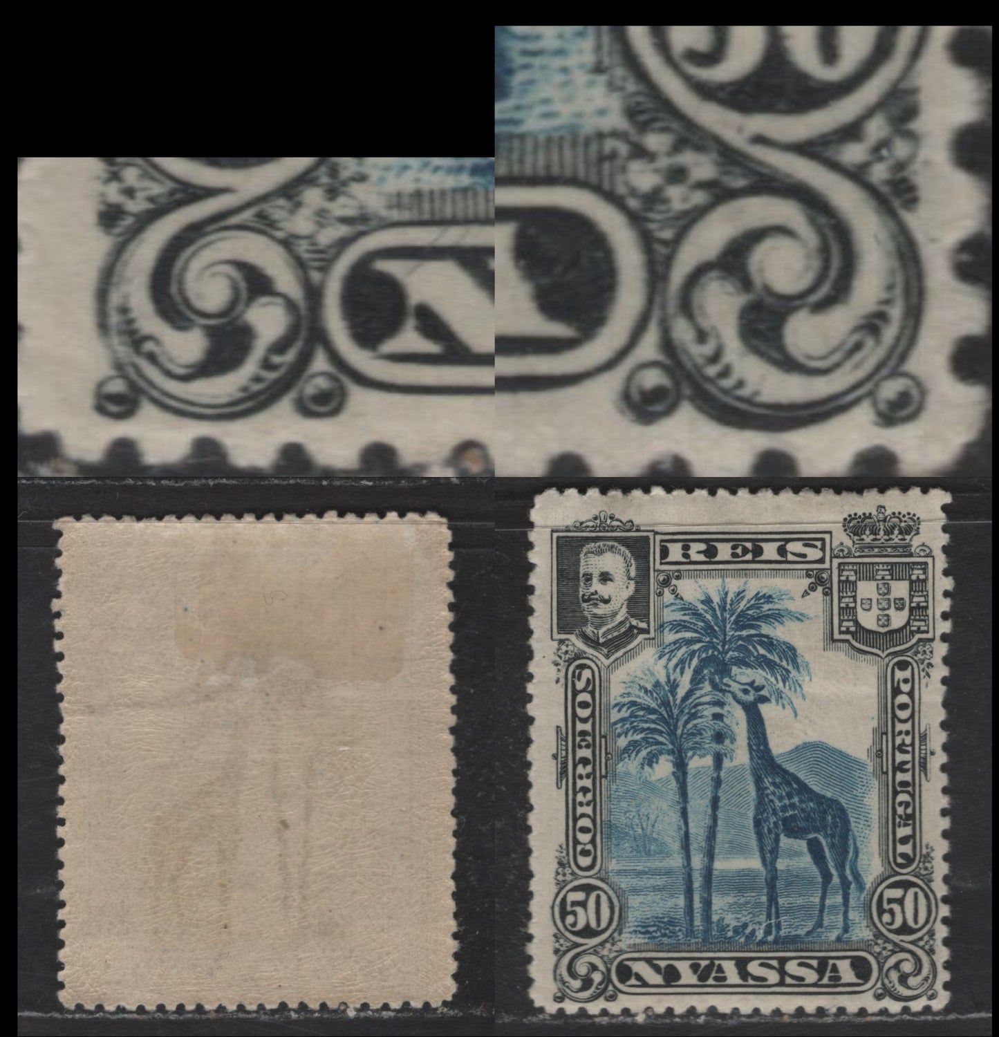 Nyassa SC#32var 50r Black & Blue Giraffe, 1901 Pictorial Issue, A VFOG Single, Perf 14.5, Re-Entry Of Both Bottom Scrolls