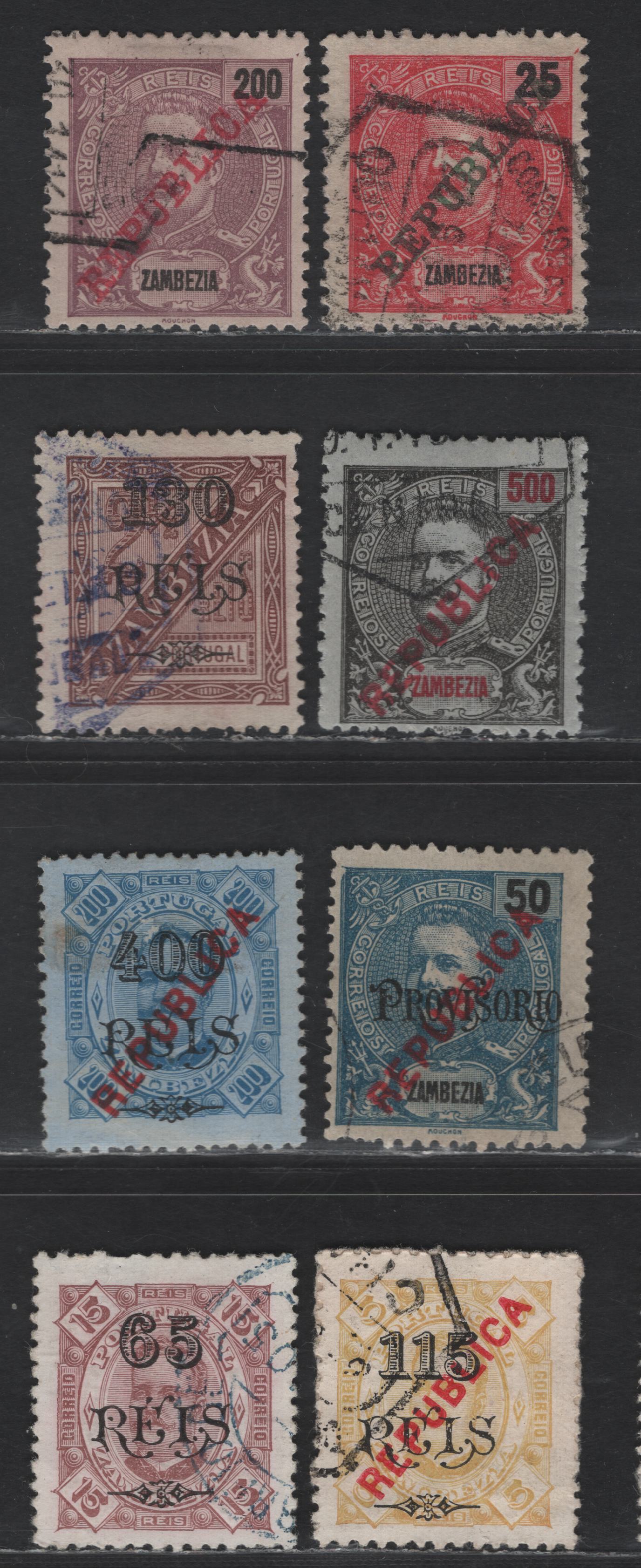 Lot 327 Zambezia SC#59, 65, 106, 37, 48, 81-82, 73 25r - 50r Carmine & Blue King Carlos - Republica, 1898-1914 King Carlos - Sans Serif Repuiblica Overprinted Issues, 8 F/VFOG Singles