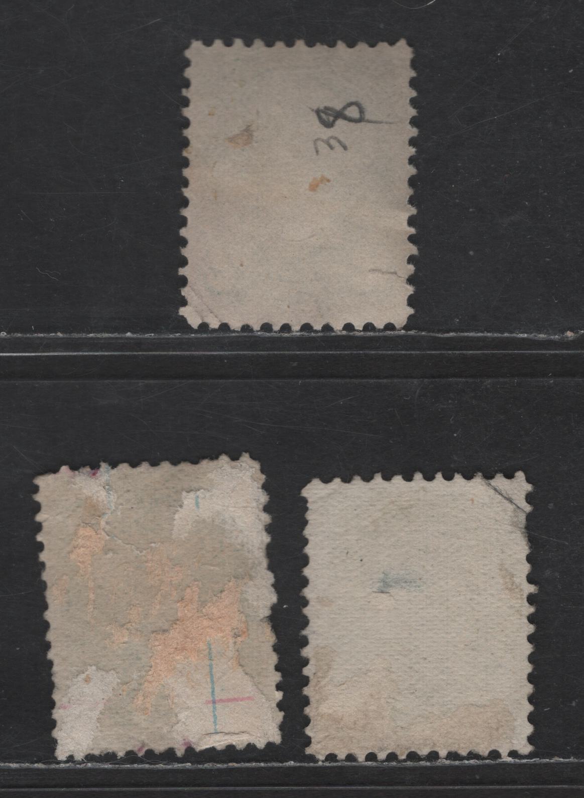 Lot 379 Canada SC#36e 2c Green & Grass Green Queen Victoria, 1870-1893 Small Queen Issue, 3 Ungraded Singles, Mid Montreal Printings, Papers MM-D, MM-B & EM-A, 11.75x12 or 11.6x12, All With Slight Faults, But Useful Reference Examples