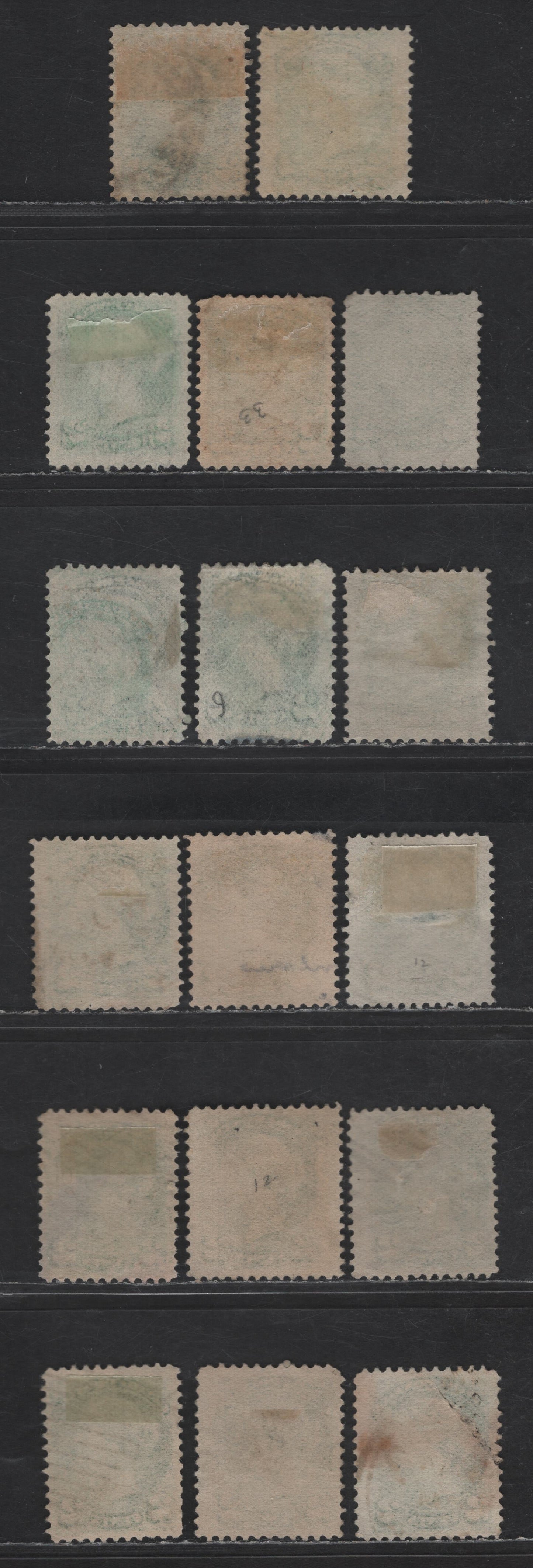 Lot 395 Canada SC#36i 2c Light Green, Green & Grass Green Queen Victoria, 1870-1893 Small Queen Issue, 17 Ungraded Singles, Second Ottawa Printings, Variety Of Papers, Generally Fine & A Few VF