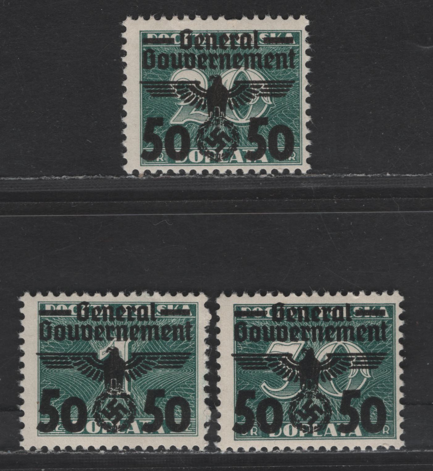 Lot 126 Poland - German Occupation SC#N51, N53, N55 50g on 20g, 3g & 1z Dark Green Figures, 1940 Swastika Overprints On Postage Dues Issue, 3 FNH Singles
