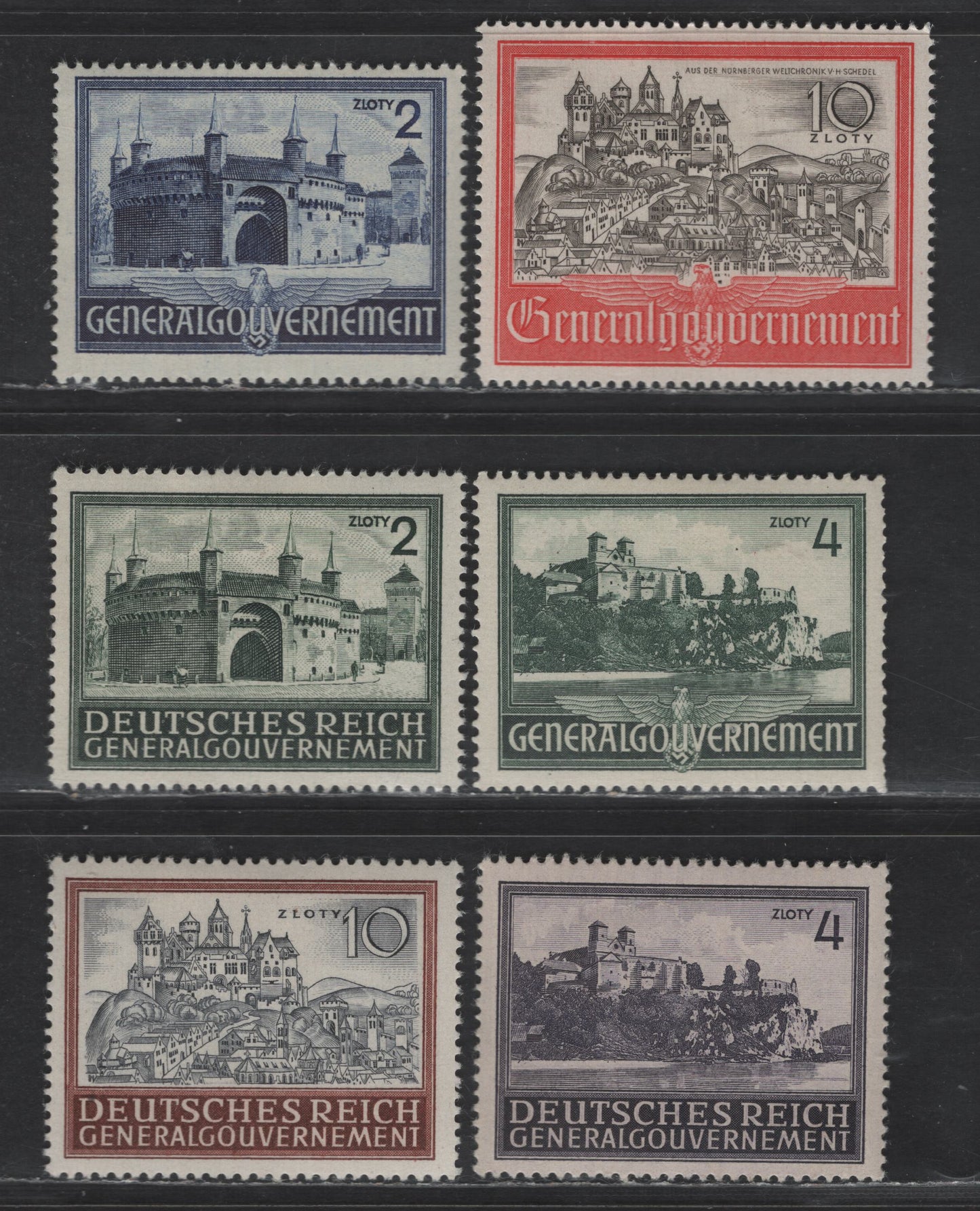 Lot 133 Poland - German Occupation SC#N73-N75, N100-N101, N103 10z Red & Olive Black - Orange Brown & Gray Black Monastary Views & Castles, 1941 Pictorial Issue, 6 F/VFOG Singles