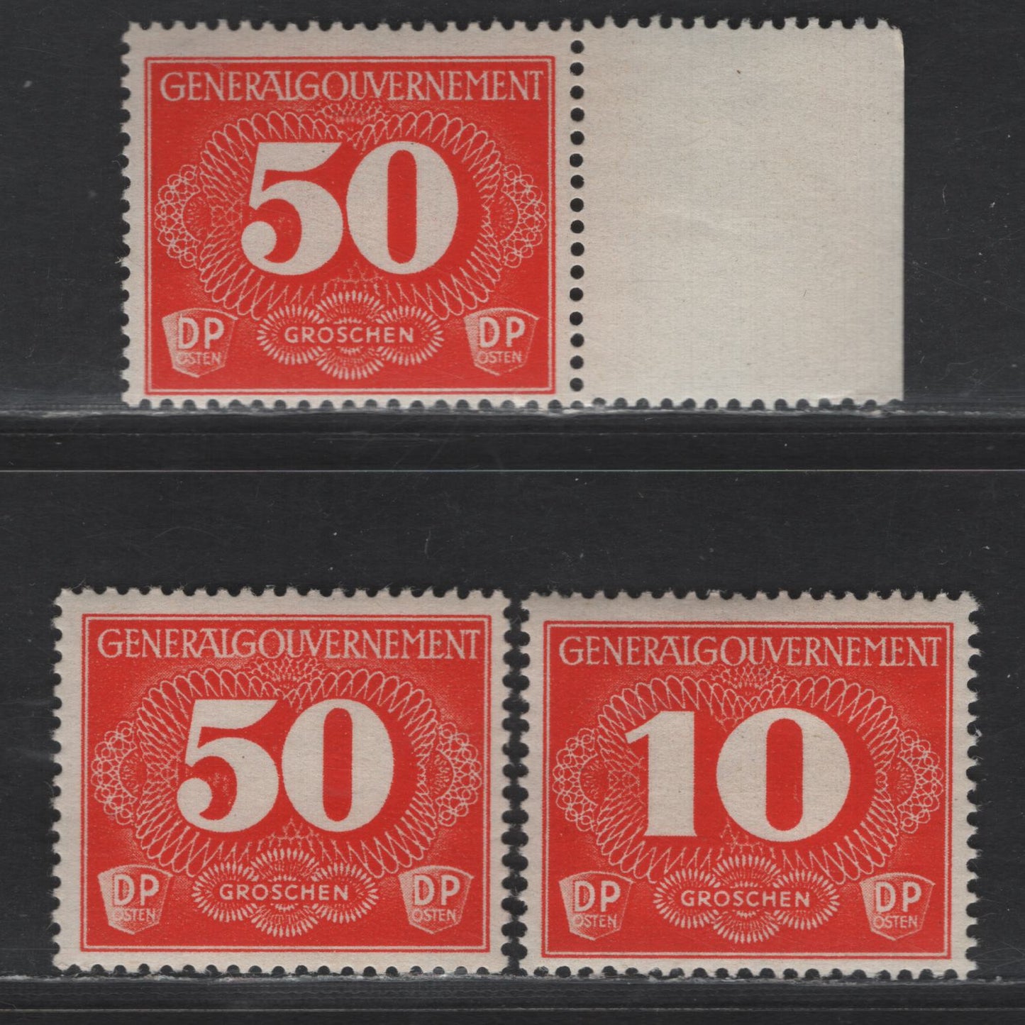 Lot 149 Poland - German Occupation SC#NL1, NL4 10g - 50g Red Orange Numeral, 1940 Rural Delivery Issue, 2 F/VFNH Singles, Crackly & High Gloss Gums