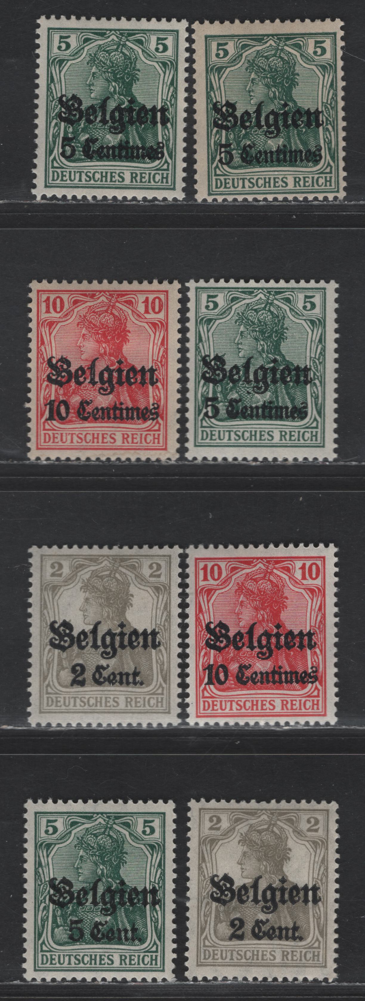 Lot 196 Belgium - German Occupation SC#N2-N3, N10, N12 5c on 5pf Green Portrait, 1914-1918 German Occupation Issue, 8 VFOG Singles