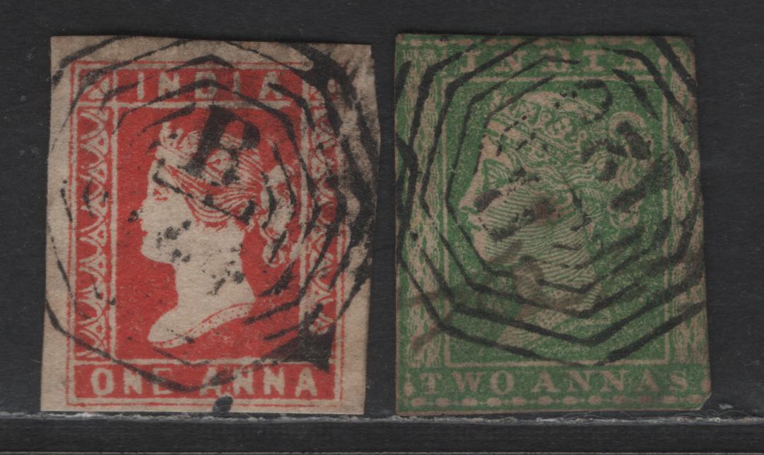 Lot 185 India SG#11, 31 1a - 4a Red - Green Queen Victoria, 1854 East India Company Issue, 2 Ungraded Singles