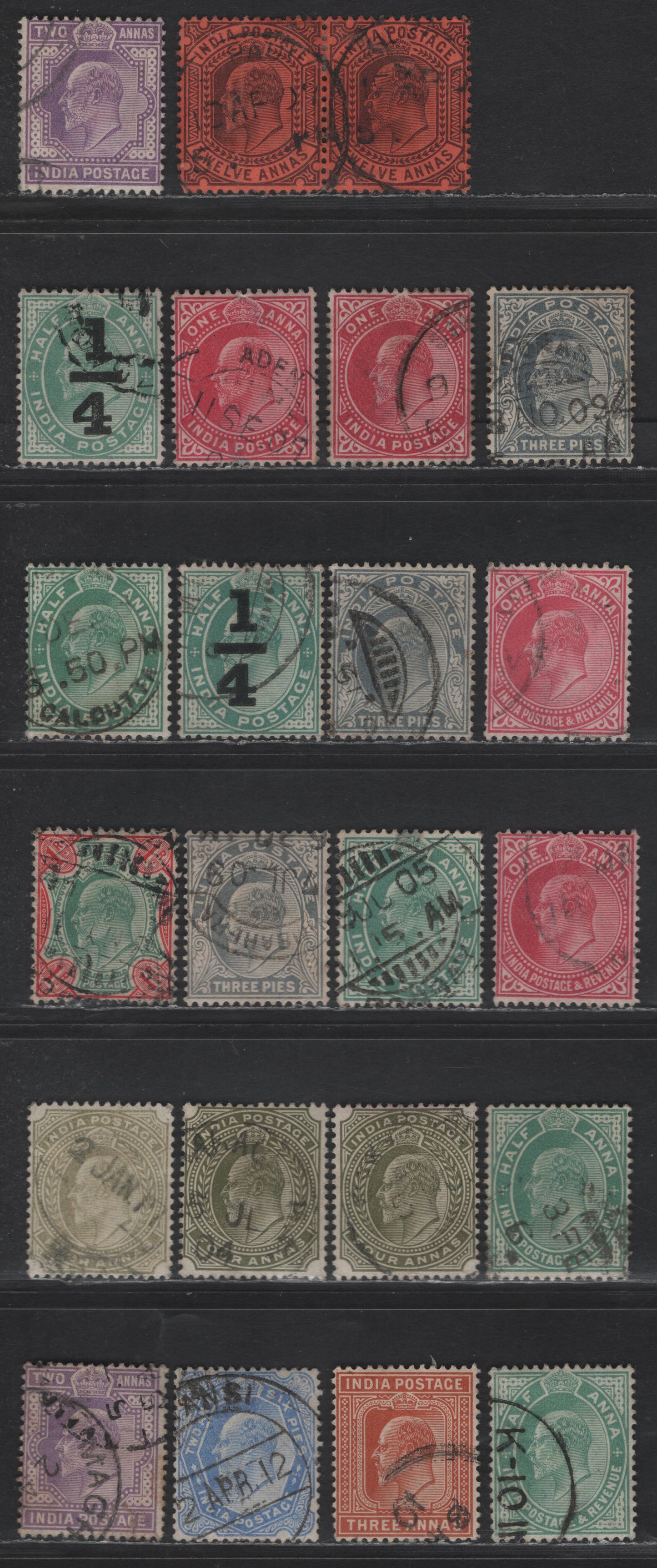 Lot 203 India SG#119-129, 135-136, 149-150 3p - 12a Gray - Purple & Red King Edward VII, 1902-1911 King Edward VII Issue, 22 Fine/Very Fine Used Singles