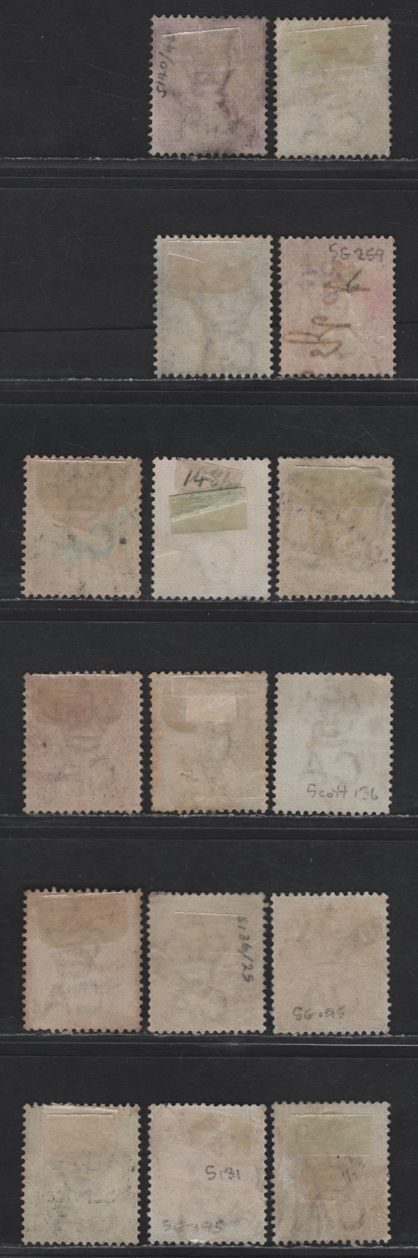Lot 279 Ceylon SG#195-199, 245, 259, 261, 257, 247, O11 5c - 15c Dull Purple - Blue Queen Victoria, 1886-1900 Queen Victoria Issue, 16 Fine/Very Fine Used Singles, With Additional Shades