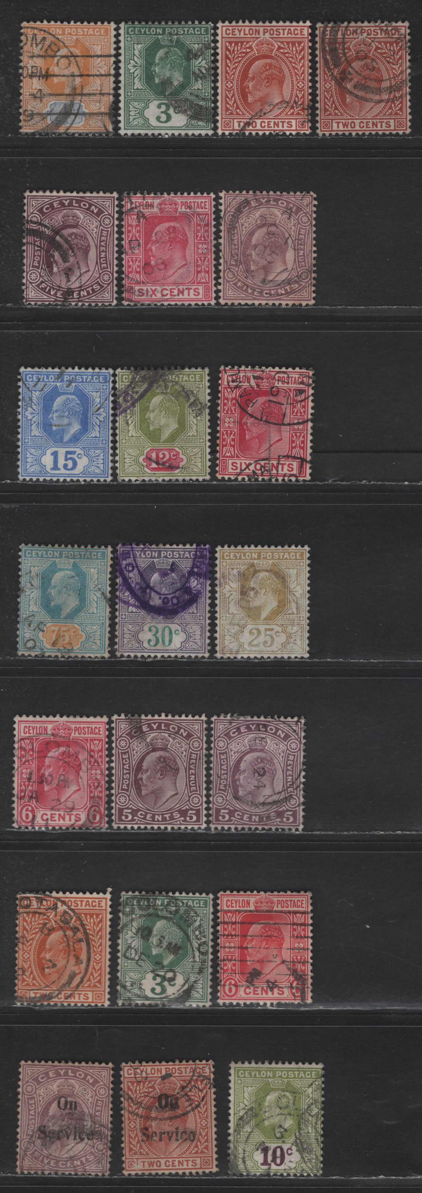 Lot 282 Ceylon SG#277/O24 2c - 10c Red Brown - Sage Green & Maroon King Edward VII, 1904-1911 King Edward VII Issue, 17 Fine/Very Fine Used Singles, Multiple Crown CA Wmk, Additional Shades, Chalky Paper 5c & Service Overprints