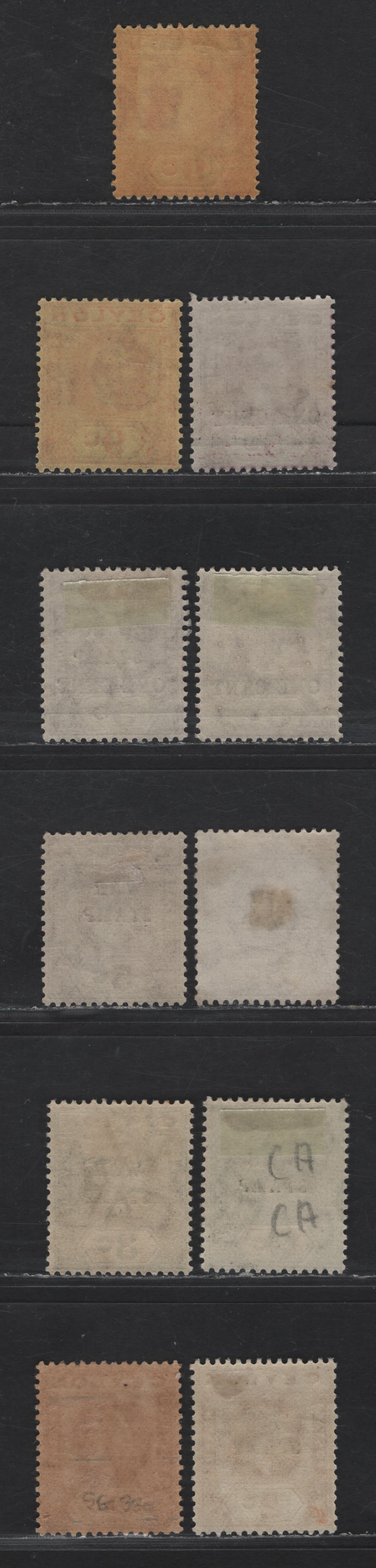 Lot 284 Ceylon SG#330-335, 337,c, 345 2c - 9c Brown Orange - Red on Pale Yellow King George V, 1918-1919 King George V Keyplates Issue, 11 F/VFOG SIngles, War Stamp & Surcharge Overprints, 9c With Script CA Wmk