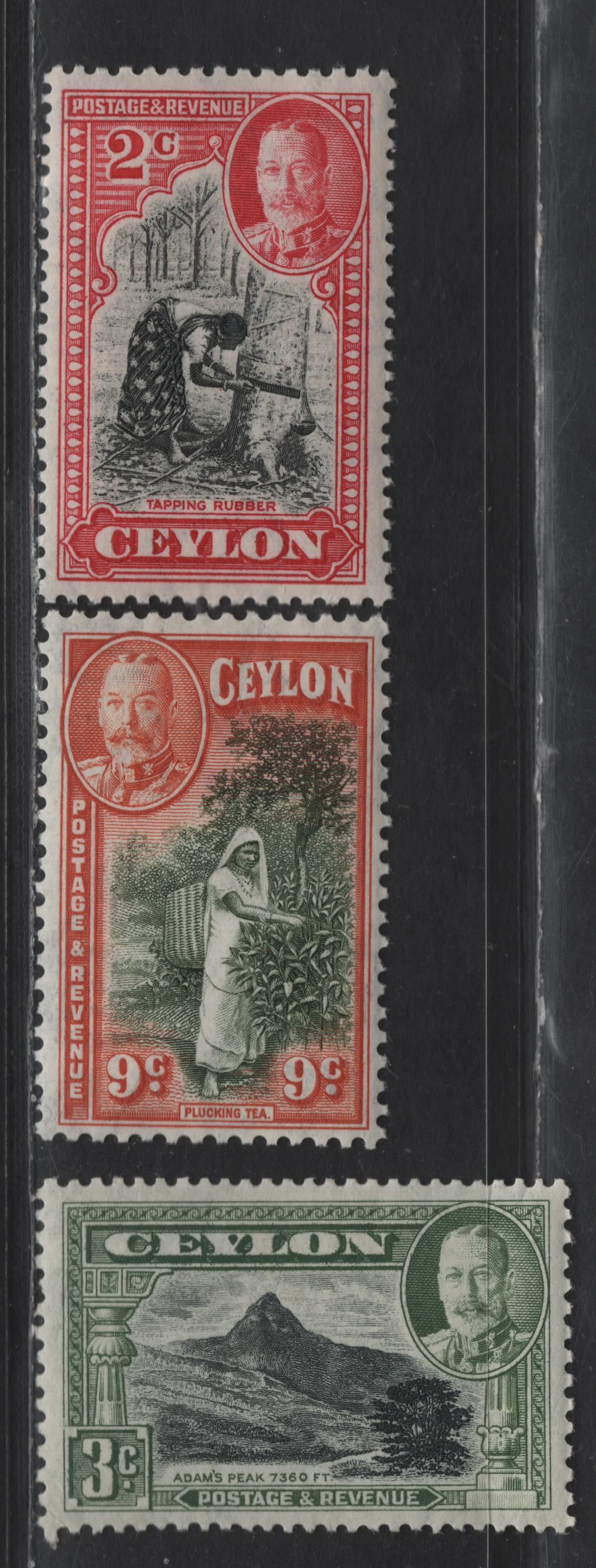 Lot 292 Ceylon SG#368, 371, 369 2c - 9c Black & Carmine - Green & Orange King George V, 1935 KGV Issue, 3 F/VFNH Singles, Tiny Corner Crease On 3c