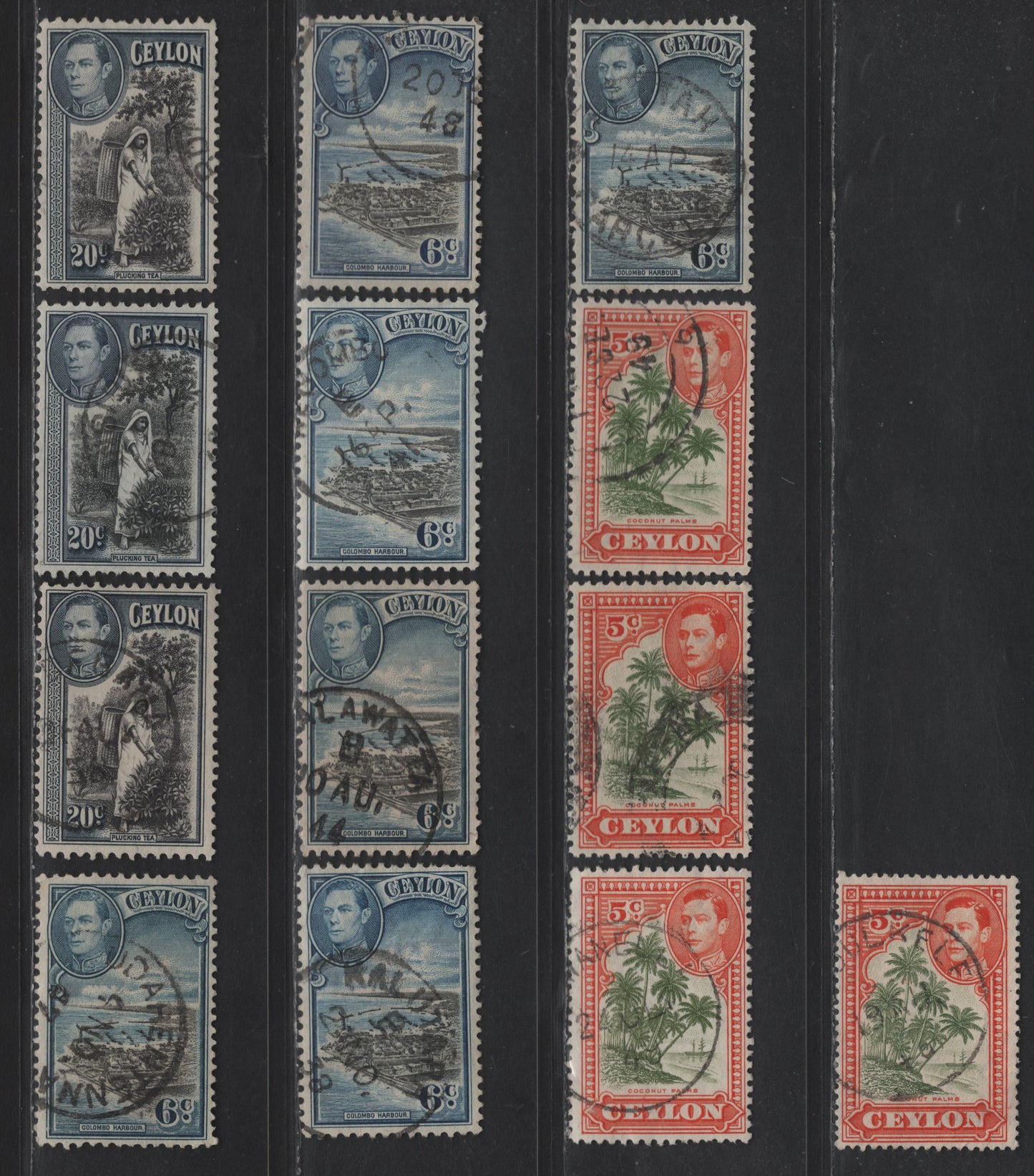 Lot 303 Ceylon SG#387f,g, 388, 392, 387a, 390a 5c - 25c Sage Green & Orange - Deep Blue & Chocolate King George VI, 1938-1952 KGVI Pictorial Issue, 33 Fine/Very Fine Used Singles, Perfs 12 & 13.5, Sideways & Upright Wmks, Additional Shades