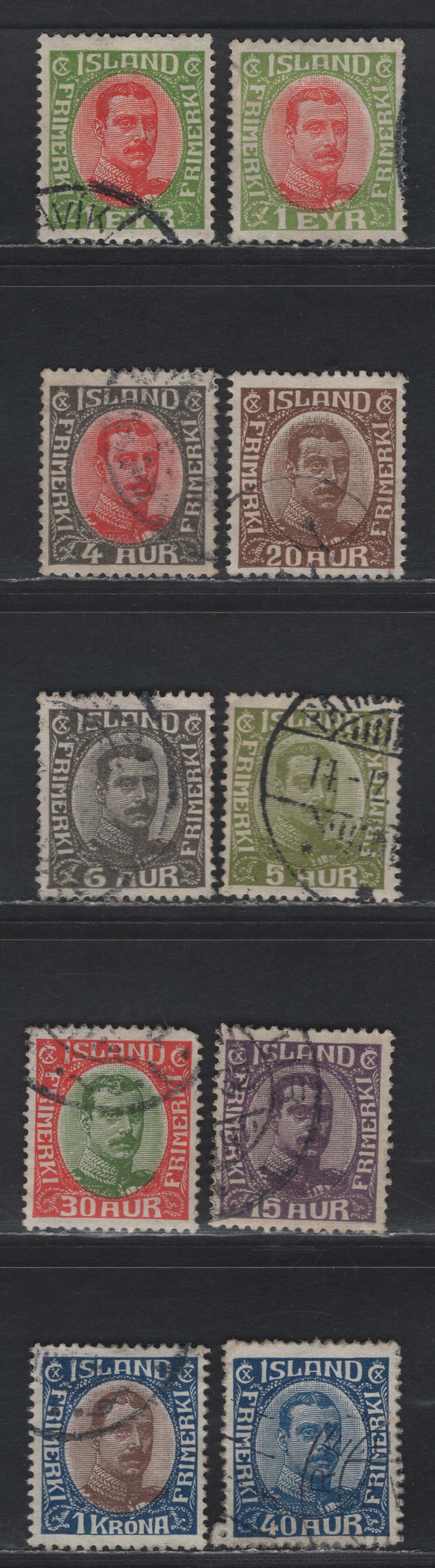 Lot 379 Iceland SC#108, 110, 112, 113, 117, 122, 119, 124, 126 1e - 1k Yellow Green & Red - Deep Blue & Dark Brown King Christian X, 1920-1922 King Christian X, 10 VF Used Singles