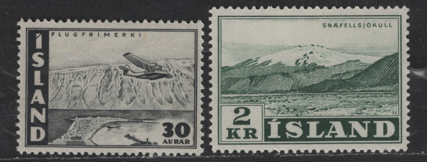Lot 405 Iceland #302, C22 2k Dark Green - 30a Grey Black, 1957 Glaciers - 1947 Airmail Issues, 2 F & VF NH Singles
