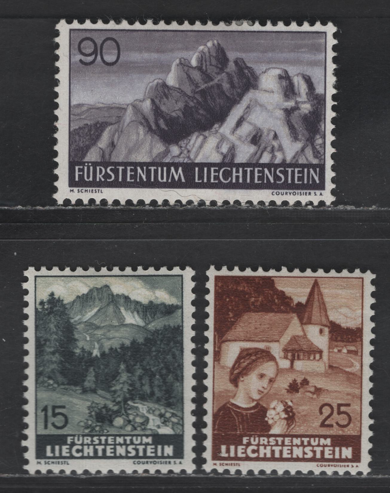 Lot 215 Liechtenstein SC#139, 141, 147 15rp - 90rp Dark Slate Green - Gray Violet Upper Valuna Valley - 'The Three Sisters', 1937-1938 Pictorial Issue, 3 VFOG Singles