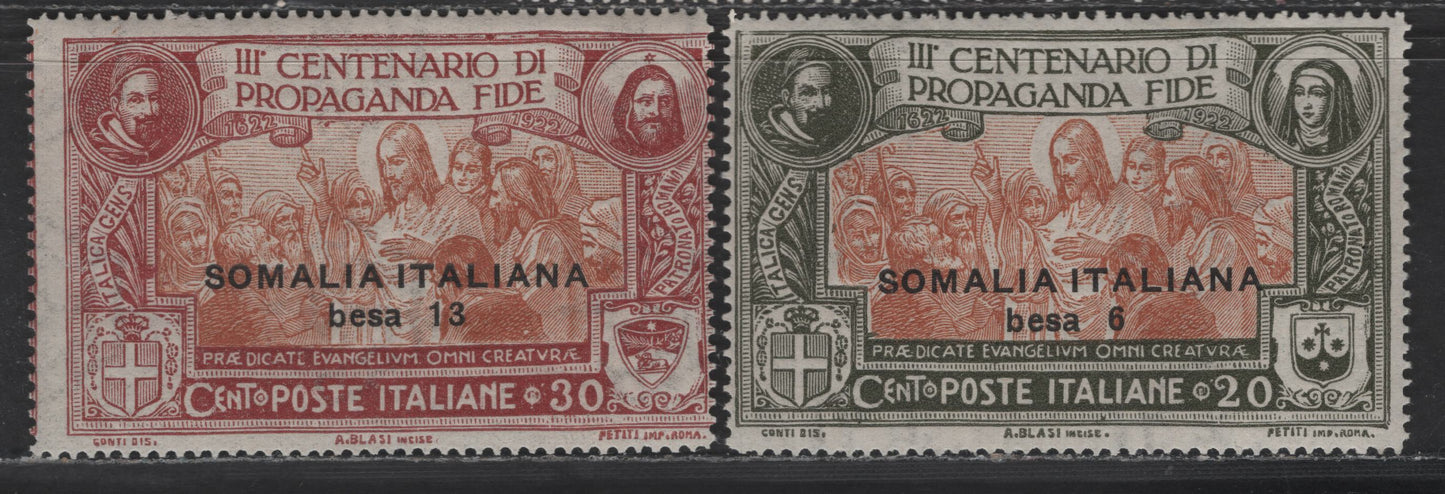 Lot 280 Somalia SC#51-52 6b on 20c - 13b Olive Green & Brown - Claret & Brown Orange Propagation of the Faith, 1923 Propagation of the Faith Issue, 2 FNH/OG Singles, Light Gum Disturbance