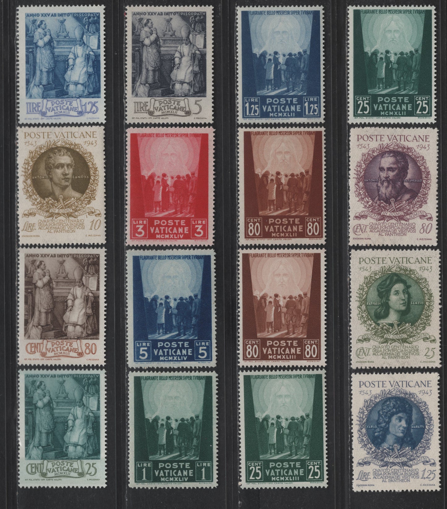 Lot 392 Vatican City #77-79, 80-85, 87-90, 99-101 25c Dark Blue Green - 5L Deep Ultramarine, 1942 Picture Of Jesus - 1945 Picture Of Jesus Issues, 16 VFNH Singles