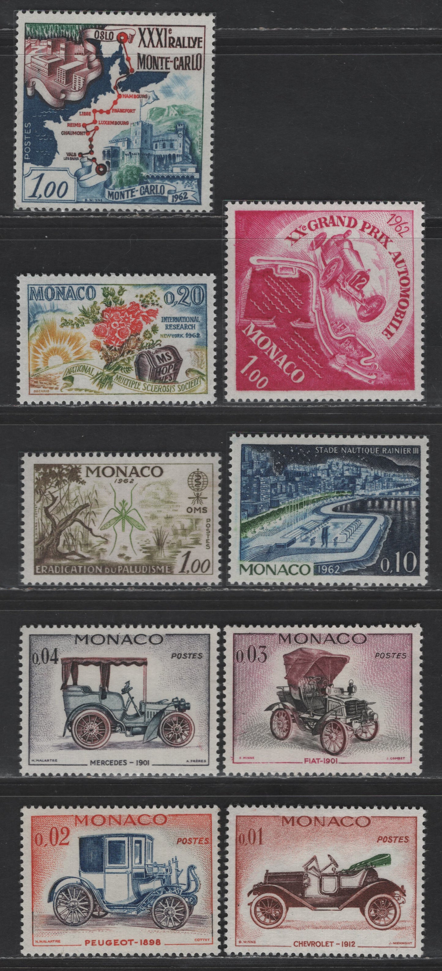 Lot 197 Monaco SC#485-488, 499-500, 504-506 1c - 20c Orange Brown, Dark Brown & Green - Multicolored Chevrolet 1912 - Sun, Flowers & Hope Chest, 1961-1962 Automobiles - National Multiple Sclerosis Society Issues, 9 VFNH/OG Singles