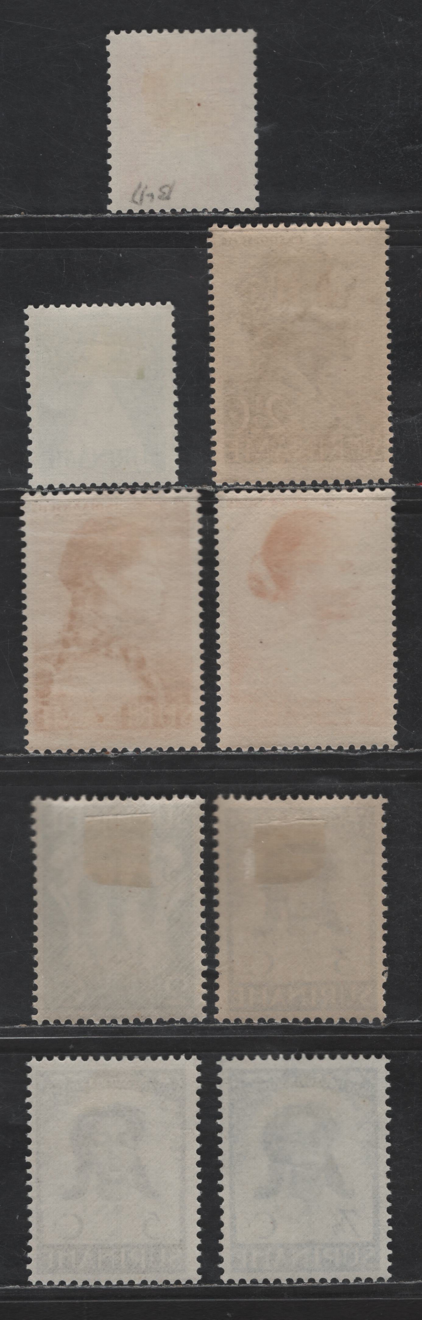 Suriname SC#B26-B31, B33, B47-B48 2.5c+2c - 12.5c+37.5c Dark BlueGreen - Blue Anniversary of Abolition of Slavery, 1938 75th Anniversary of Abolition of Slavery, 9 F/VFOG Singles