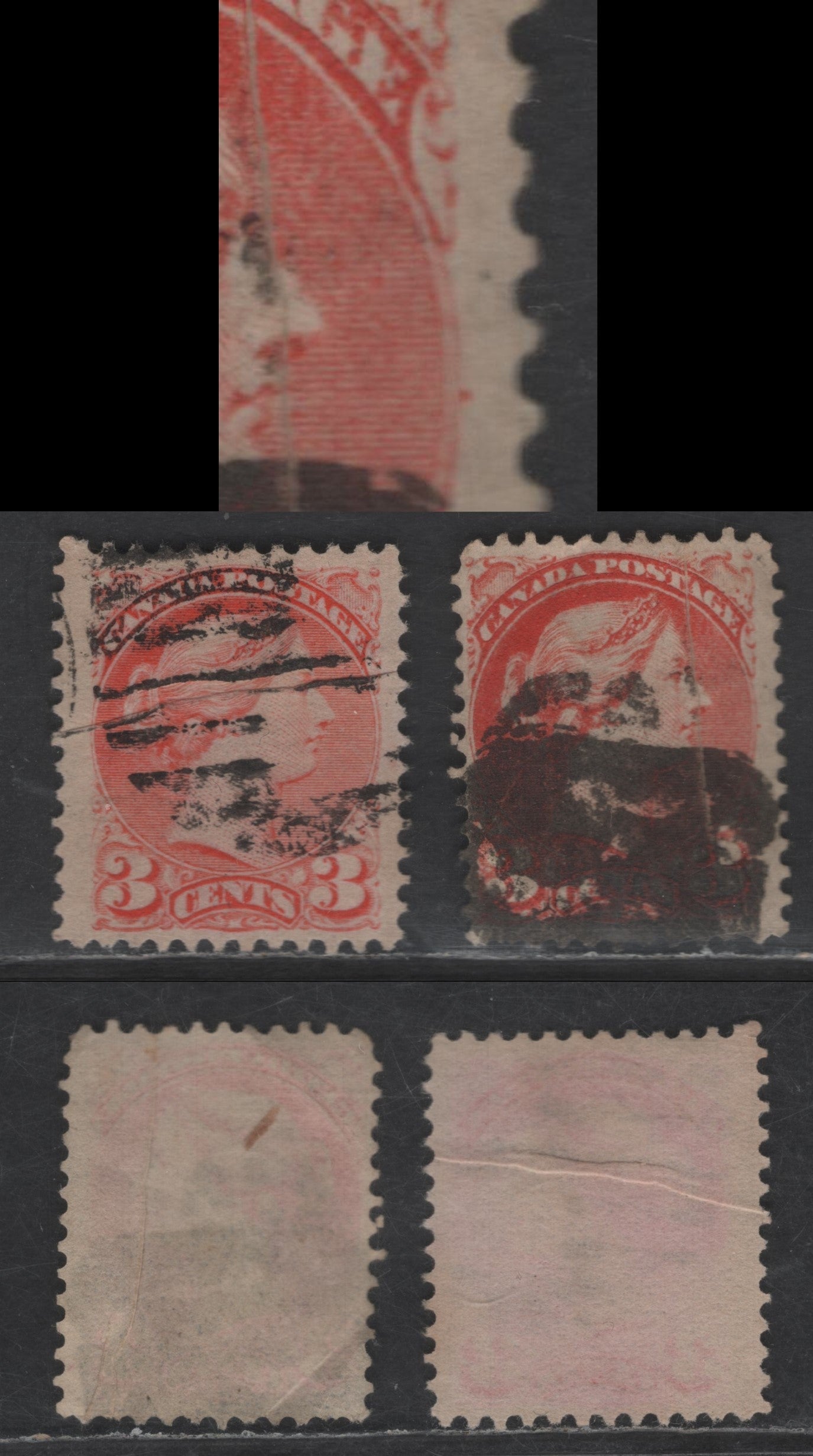 Lot 438 Canada SC#41var 3c Pale Dull Orange Vermillion & Deep Reddish Orang, 2 Good & Very Fine Used Singles, Early & Mid Second Ottawa Printings, Papers LM-H & 2O-N, Perfs 11.9x12.1 & 12, Pre-Print Paper Creases
