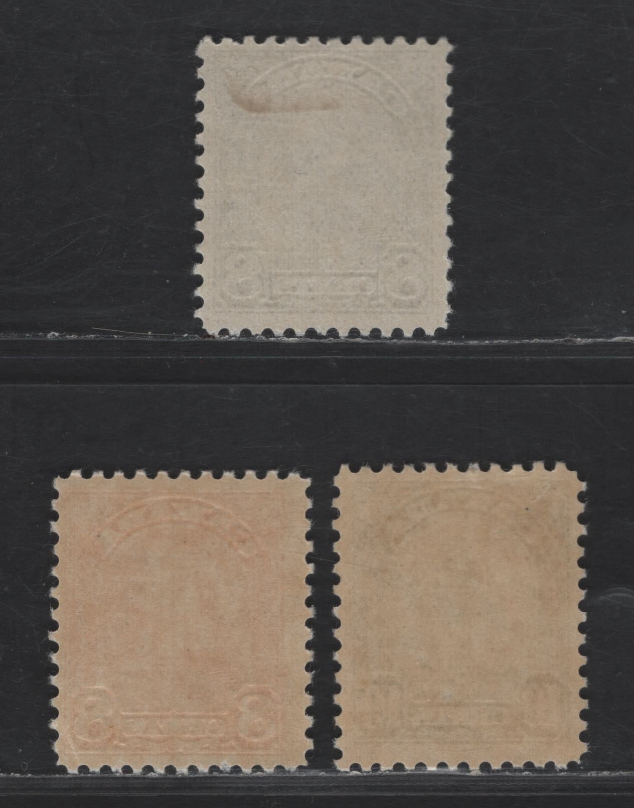 Lot 120 Canada SC#171-173 8c - 10c Dark Blue - Olive Green King George V - Liabrary of Parliament, 1930-1931 Arch/Leaf Issue, 3 FOG Singles, White Satin Gum (8c blue), 8c Red Orange (Cream Satin Gum) & Deep Cream Semi Glossy Gum (10c)